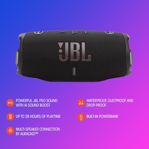 JBL Charge 6 - Portable Waterproof & Drop-Proof Bluetooth Speaker, Bold JBL Pro Sound with AI Sound Boost, 28Hrs of Playtime, Built-in powerbank & Comes with a Sturdy/Removable Carrying Strap (Black)