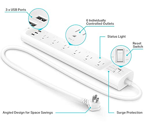 Kasa Smart Plug Power Strip HS300, Surge Protector with 6 Individually Controlled Smart Outlets and 3 USB Ports, Compatible with Alexa & Google Home, No Hub Required, White