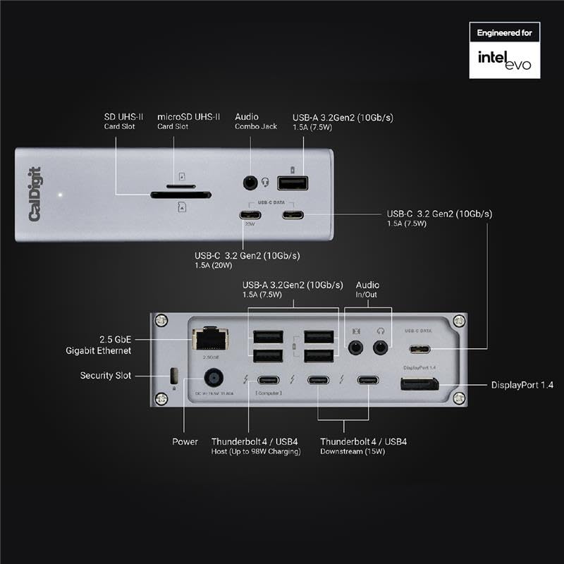 CalDigit TS4 18 Port Thunderbolt 4 Dock, 98W Charging, 3X TBT4 (40Gb/s), 3X USB-C + 5X USB-A (10Gb/s), 2.5GbE LAN, 8K@30Hz or 2X 6K@60Hz Displays, Mac/Windows/Chrome, Space Gray, 0.8m Certified Cable