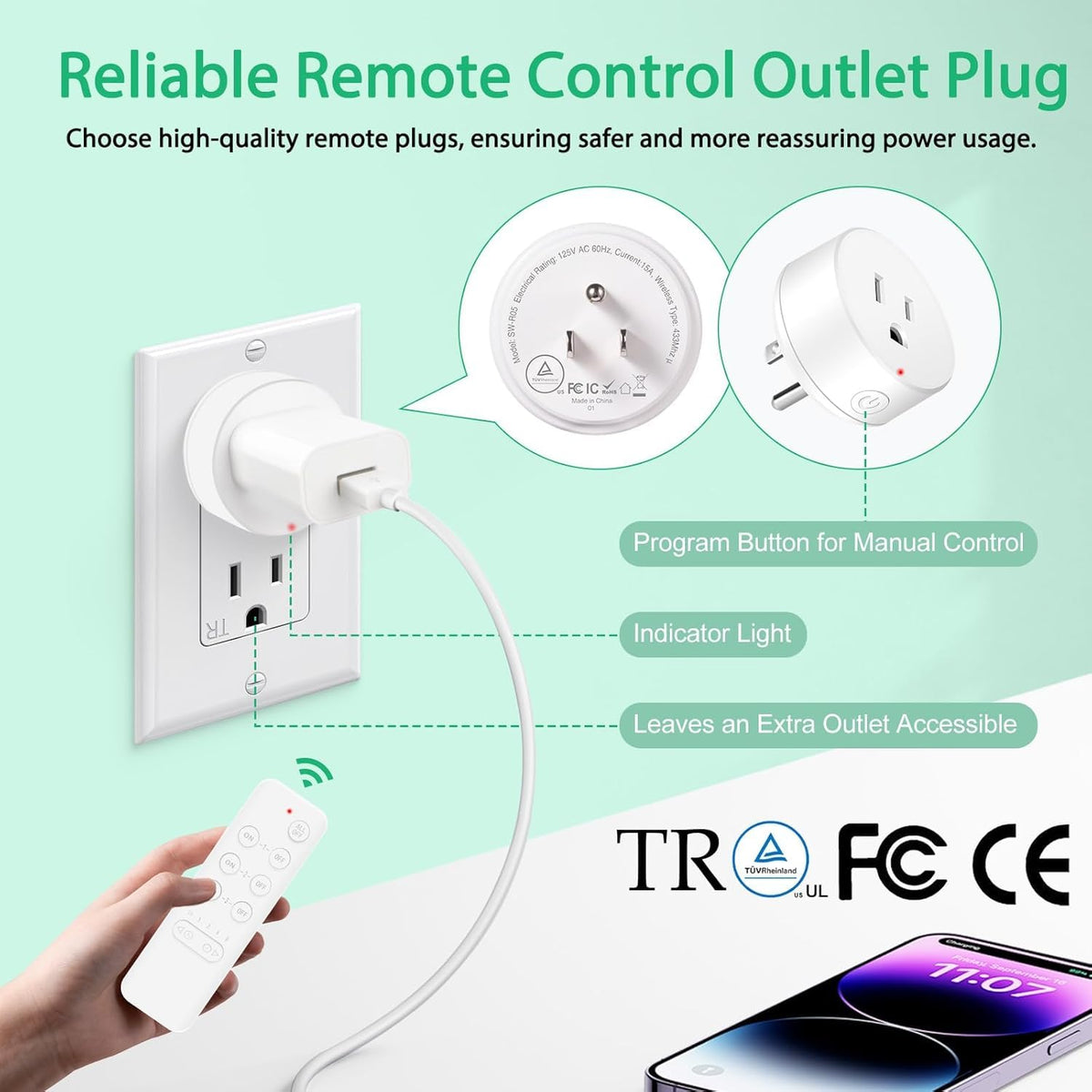 NineLeaf Remote Control Outlet Plug with Timer, 15A