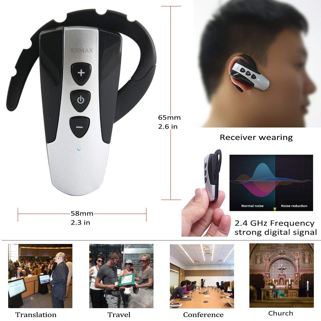 EXMAX 2.4GHz Wireless Audio Tour Guide System with Headset Mic Ear-Hook Bluetooth Receiver for Church,Teaching,Translation,Conference,Seminars,Hajj,Auditorium,Travel(2 Transmitters 200 Receivers)