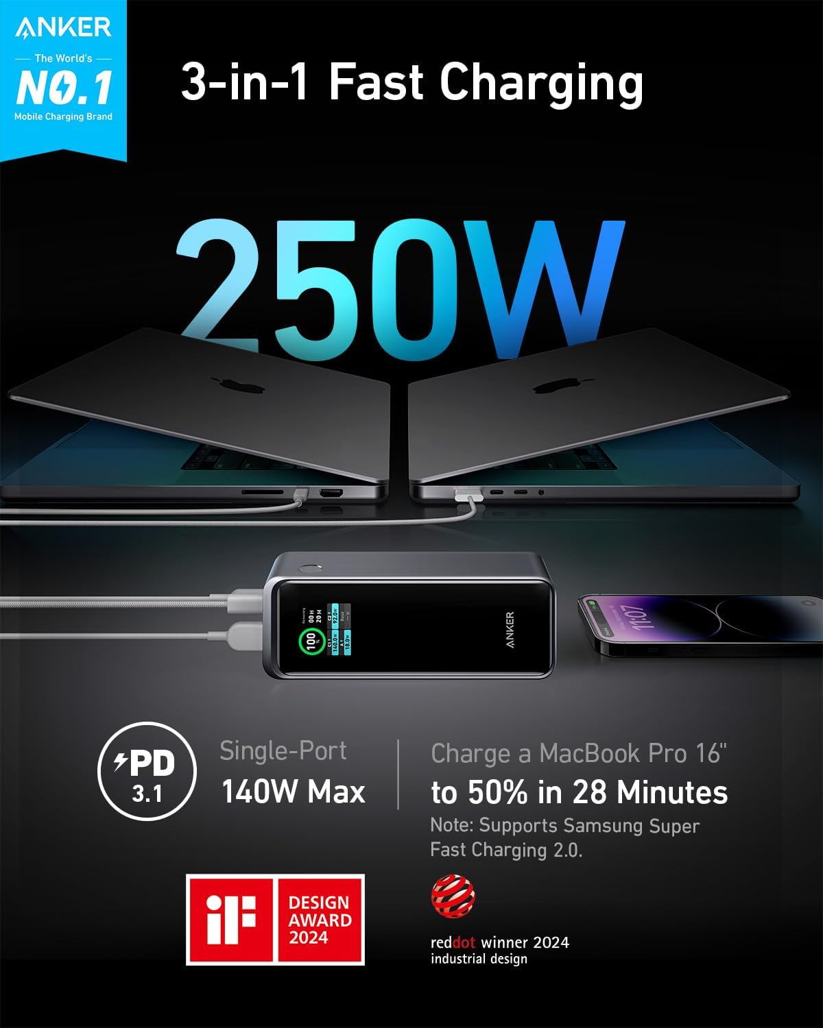 Anker Prime Power Bank, 27,650mAh 3-Port 250W Portable Charger (99.54Wh) Smart App, Compatible with MacBook Pro/Air, iPhone 15/14/13 Series, Samsung, Dell, and More (Charging Base Not Included)