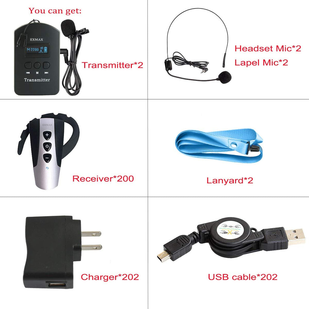EXMAX 2.4GHz Wireless Audio Tour Guide System with Headset Mic Ear-Hook Bluetooth Receiver for Church,Teaching,Translation,Conference,Seminars,Hajj,Auditorium,Travel(2 Transmitters 200 Receivers)