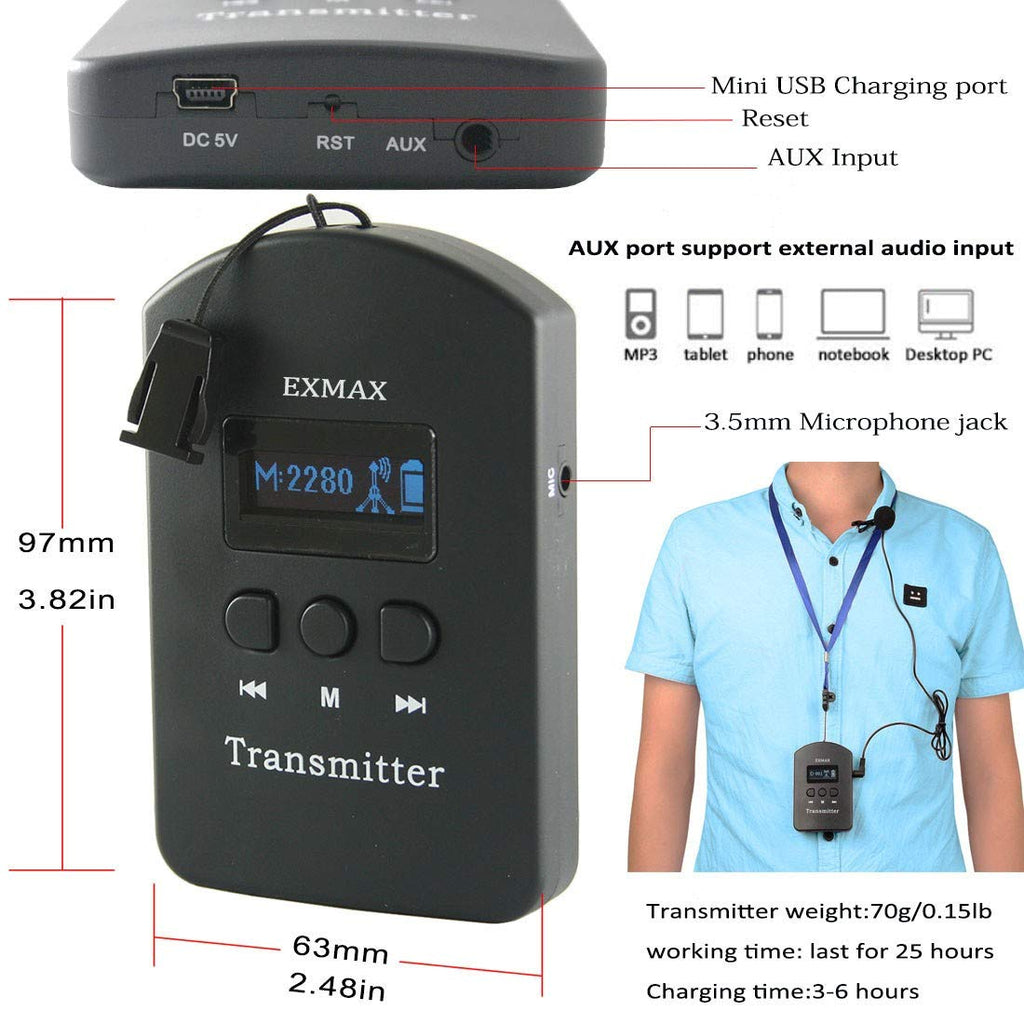 EXMAX 2.4GHz Wireless Audio Tour Guide System with Headset Mic Ear-Hook Bluetooth Receiver for Church,Teaching,Translation,Conference,Seminars,Hajj,Auditorium,Travel(2 Transmitters 200 Receivers)