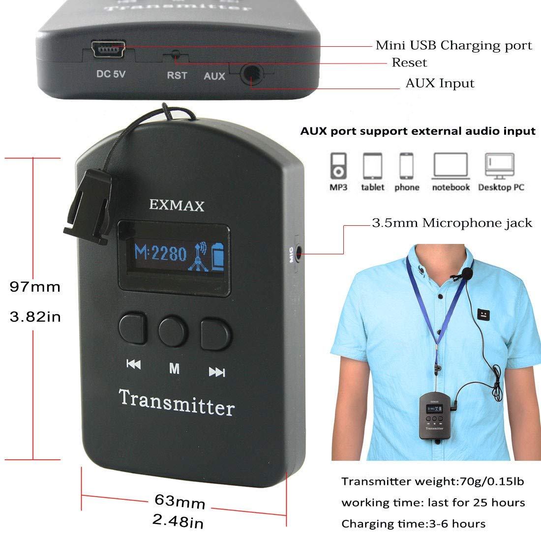 EXMAX 2.4GHz Wireless Audio Tour Guide System with Headset Mic Ear-Hook Bluetooth Receiver for Church,Teaching,Translation,Conference,Seminars,Hajj,Auditorium,Travel(2 Transmitters 200 Receivers)