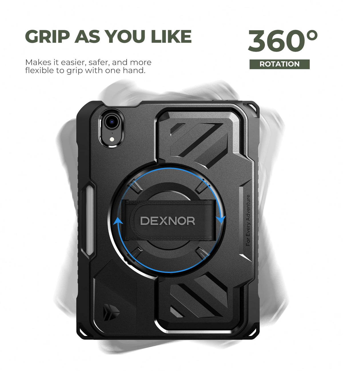 Dexnor for iPad 11th&9th&MINI 7 Cases, Rugged Protective Case with 360° Rotating Hand Strap & Large Steady Stand & Screen Protector & Pencil Holder Shockproof Full-Body Bumper Cover