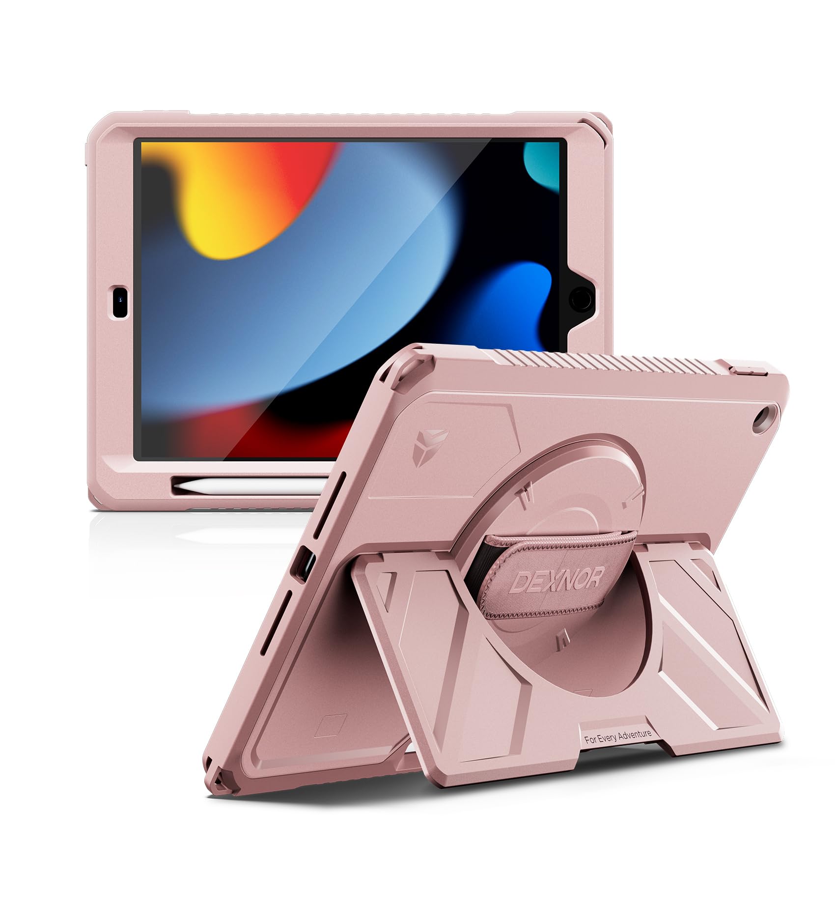 Dexnor for iPad 11th&9th&MINI 7 Cases, Rugged Protective Case with 360° Rotating Hand Strap & Large Steady Stand & Screen Protector & Pencil Holder Shockproof Full-Body Bumper Cover