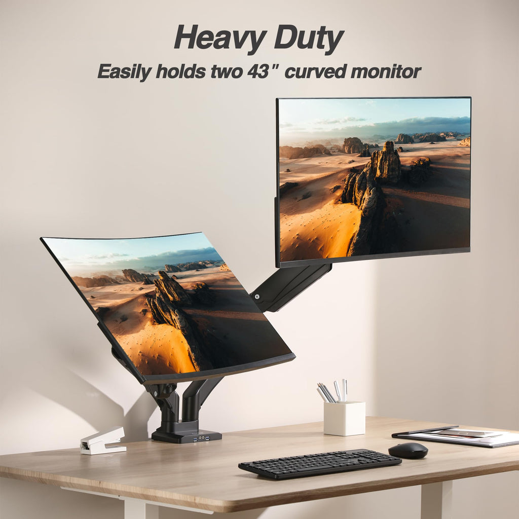 AVLT Dual Monitor Arm Desk Mount for 13"–43" Flat/Curved Screens with USB-A Pass-Through, Full Motion Height Adjustable Swivel Tilt Rotation VESA/C-Clamp/Grommet/Cable Management