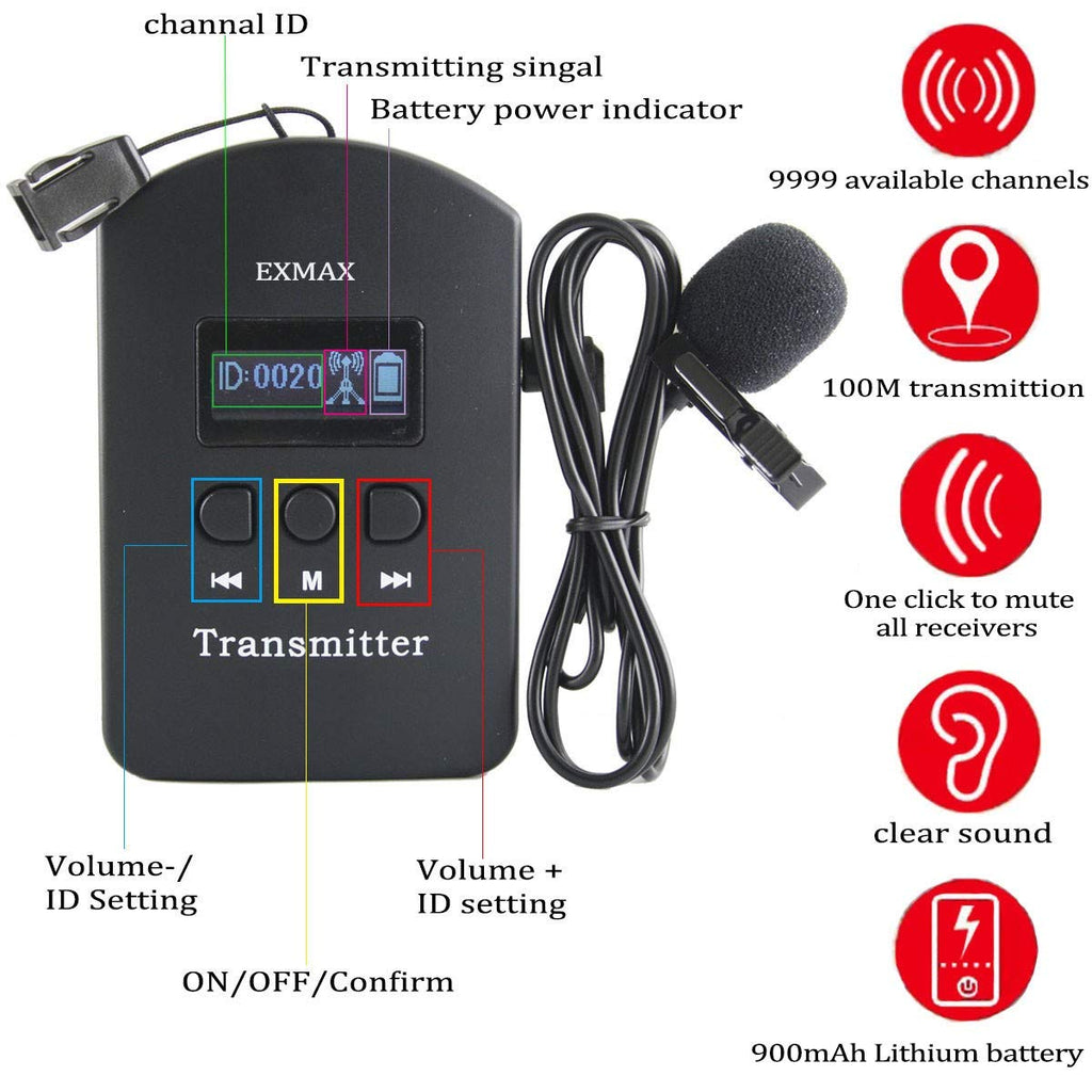 EXMAX 2.4GHz Wireless Audio Tour Guide System with Headset Mic Ear-Hook Bluetooth Receiver for Church,Teaching,Translation,Conference,Seminars,Hajj,Auditorium,Travel(2 Transmitters 200 Receivers)