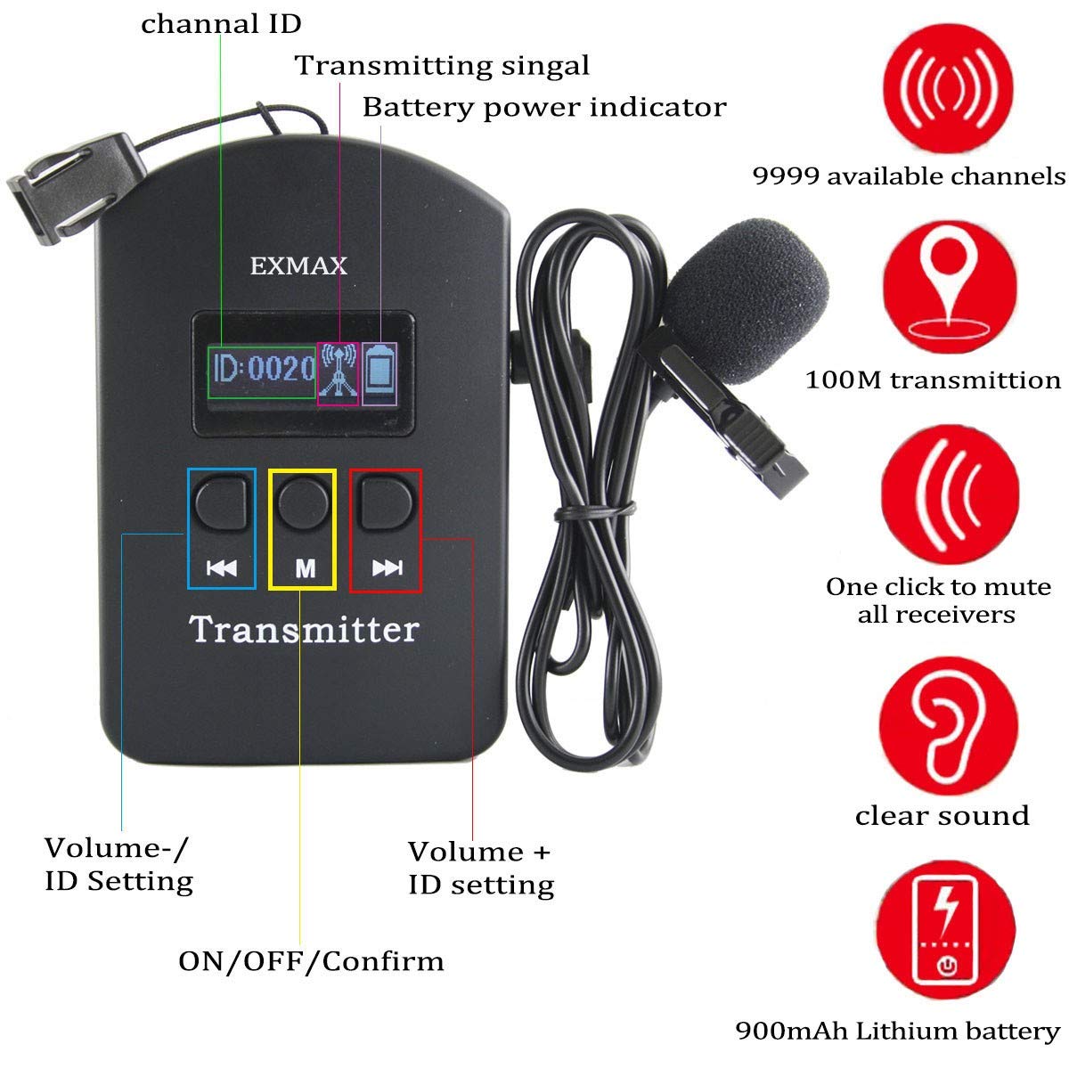 EXMAX 2.4GHz Wireless Audio Tour Guide System with Headset Mic Ear-Hook Bluetooth Receiver for Church,Teaching,Translation,Conference,Seminars,Hajj,Auditorium,Travel(2 Transmitters 200 Receivers)