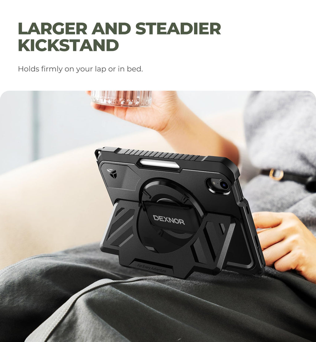 Dexnor for iPad 11th&9th&MINI 7 Cases, Rugged Protective Case with 360° Rotating Hand Strap & Large Steady Stand & Screen Protector & Pencil Holder Shockproof Full-Body Bumper Cover