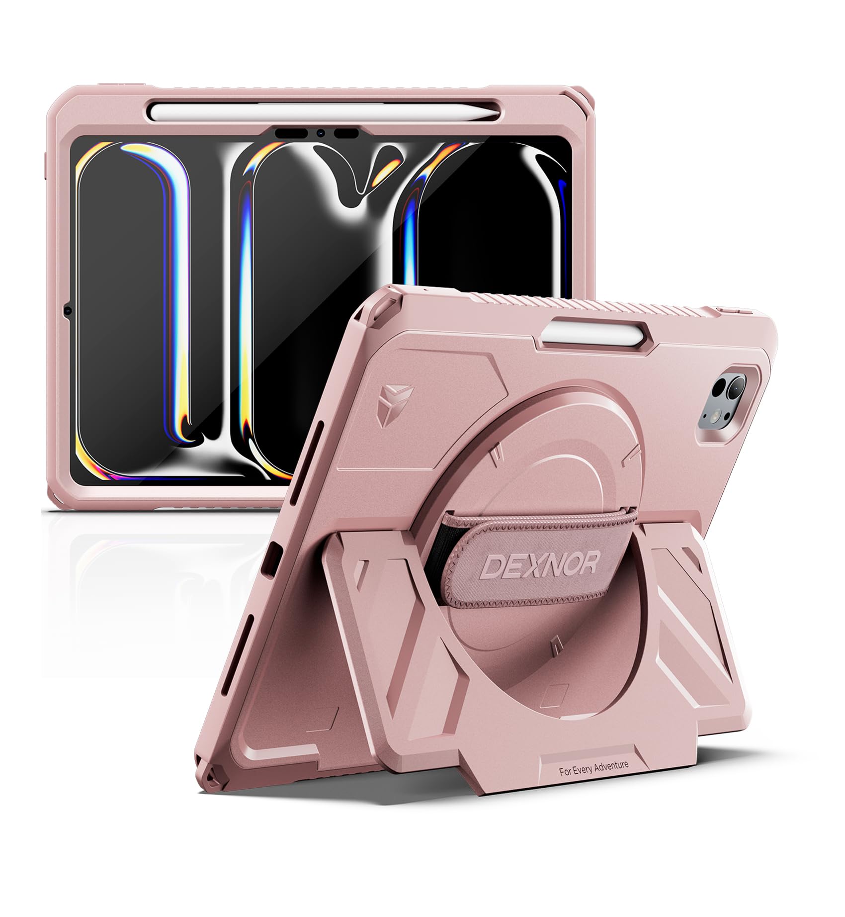 Dexnor for iPad 11th&9th&MINI 7 Cases, Rugged Protective Case with 360° Rotating Hand Strap & Large Steady Stand & Screen Protector & Pencil Holder Shockproof Full-Body Bumper Cover