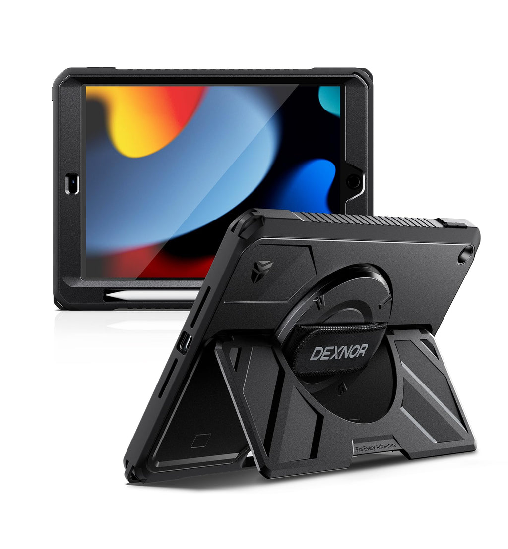 Dexnor for iPad 11th&9th&MINI 7 Cases, Rugged Protective Case with 360° Rotating Hand Strap & Large Steady Stand & Screen Protector & Pencil Holder Shockproof Full-Body Bumper Cover