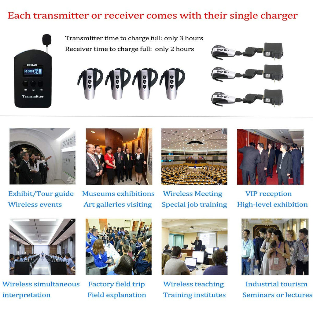 EXMAX 2.4GHz Wireless Audio Tour Guide System with Headset Mic Ear-Hook Bluetooth Receiver for Church,Teaching,Translation,Conference,Seminars,Hajj,Auditorium,Travel(2 Transmitters 200 Receivers)