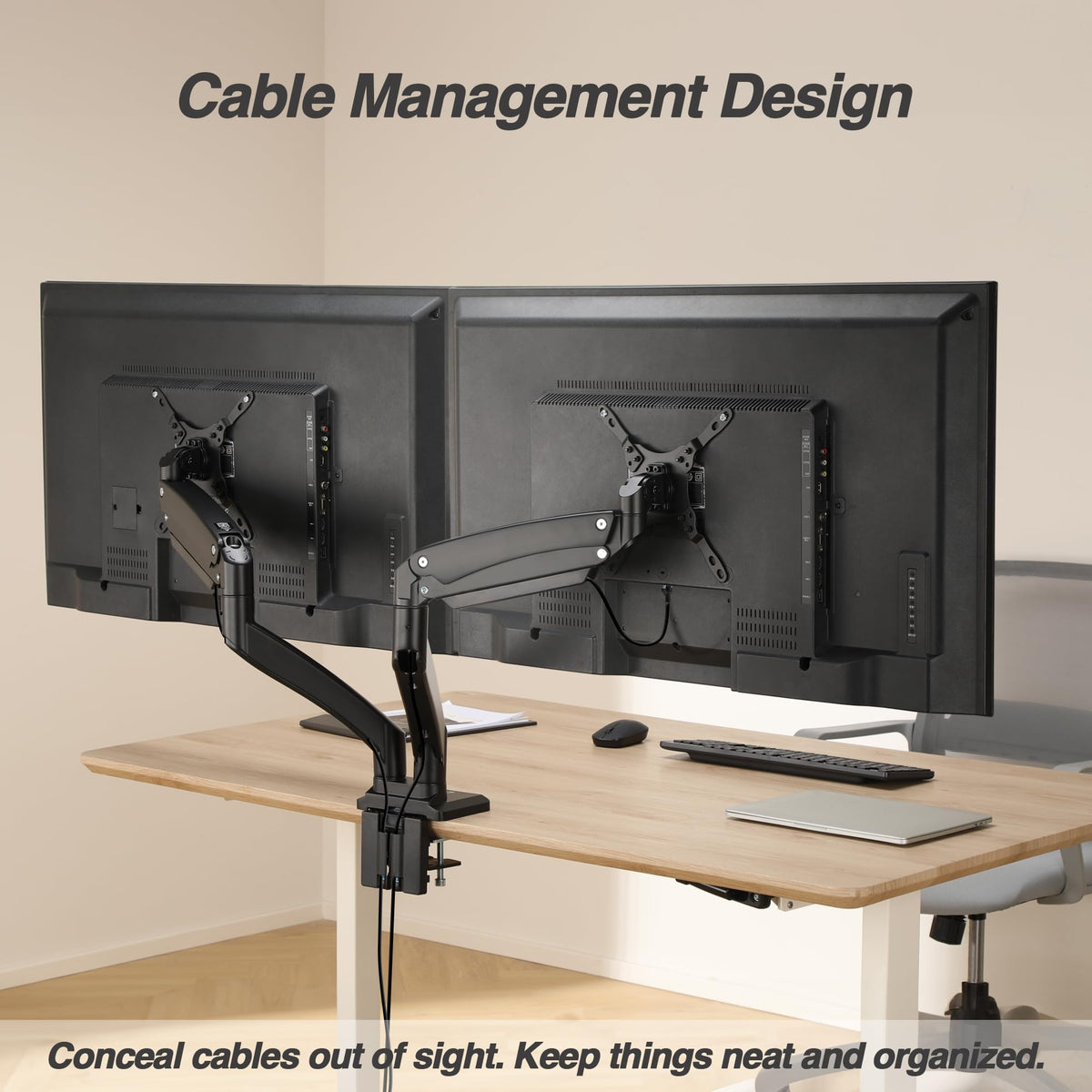 AVLT Dual Monitor Arm Desk Mount for 13"–43" Flat/Curved Screens with USB-A Pass-Through, Full Motion Height Adjustable Swivel Tilt Rotation VESA/C-Clamp/Grommet/Cable Management