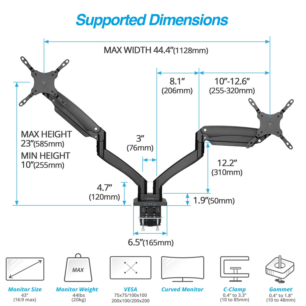AVLT Dual Monitor Arm Desk Mount for 13"–43" Flat/Curved Screens with USB-A Pass-Through, Full Motion Height Adjustable Swivel Tilt Rotation VESA/C-Clamp/Grommet/Cable Management