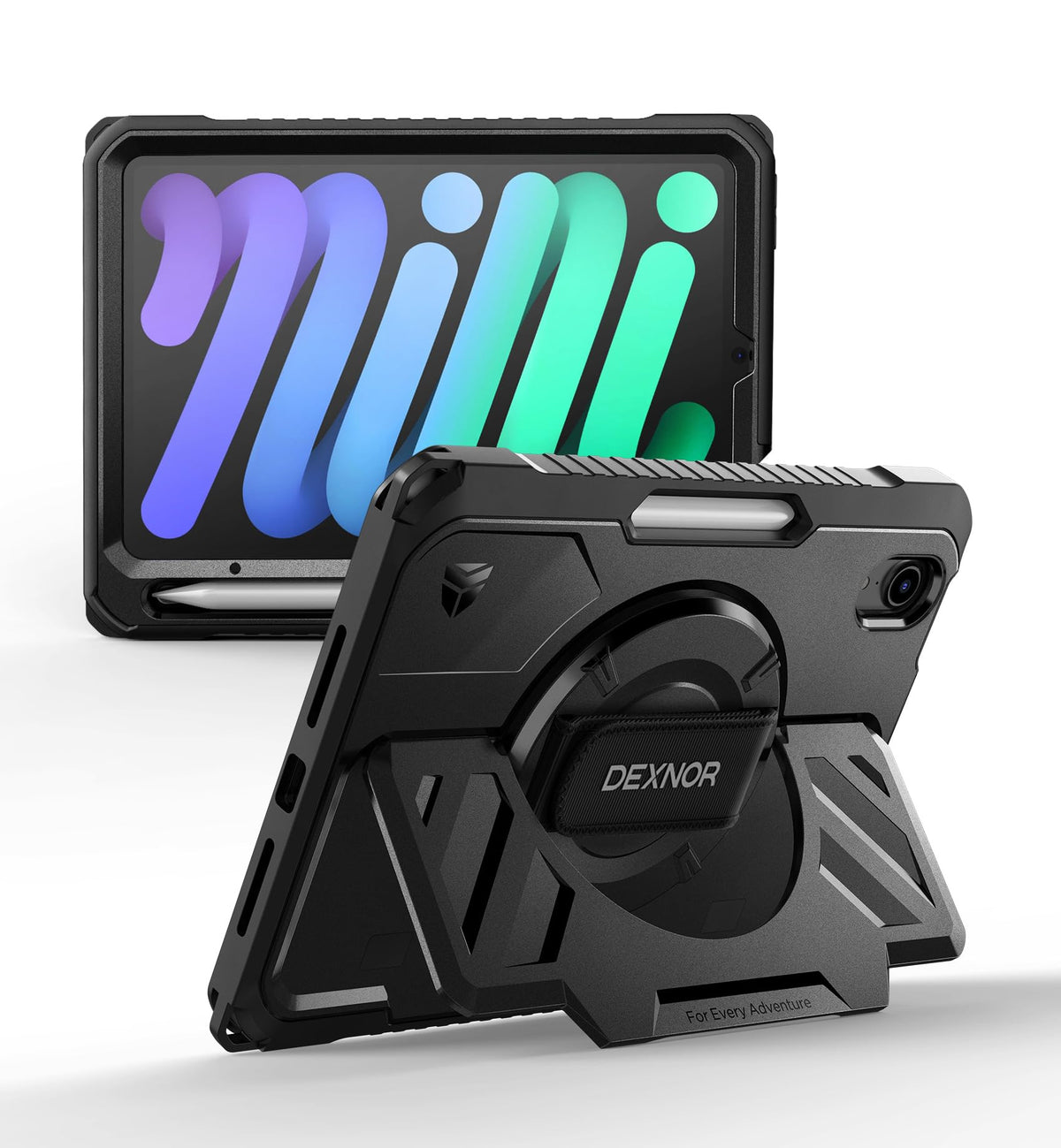 Dexnor for iPad 11th&9th&MINI 7 Cases, Rugged Protective Case with 360° Rotating Hand Strap & Large Steady Stand & Screen Protector & Pencil Holder Shockproof Full-Body Bumper Cover