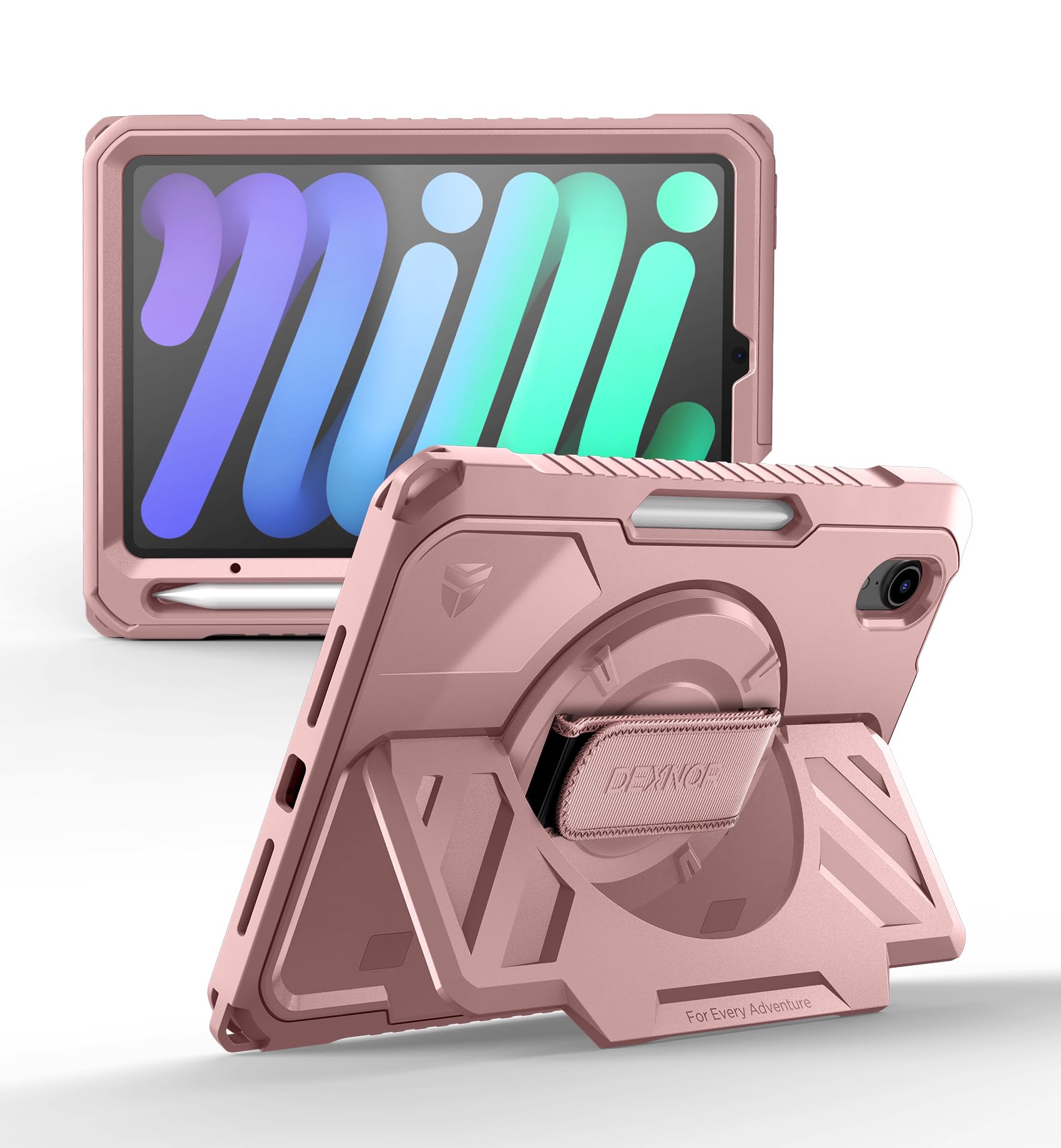 Dexnor for iPad 11th&9th&MINI 7 Cases, Rugged Protective Case with 360° Rotating Hand Strap & Large Steady Stand & Screen Protector & Pencil Holder Shockproof Full-Body Bumper Cover