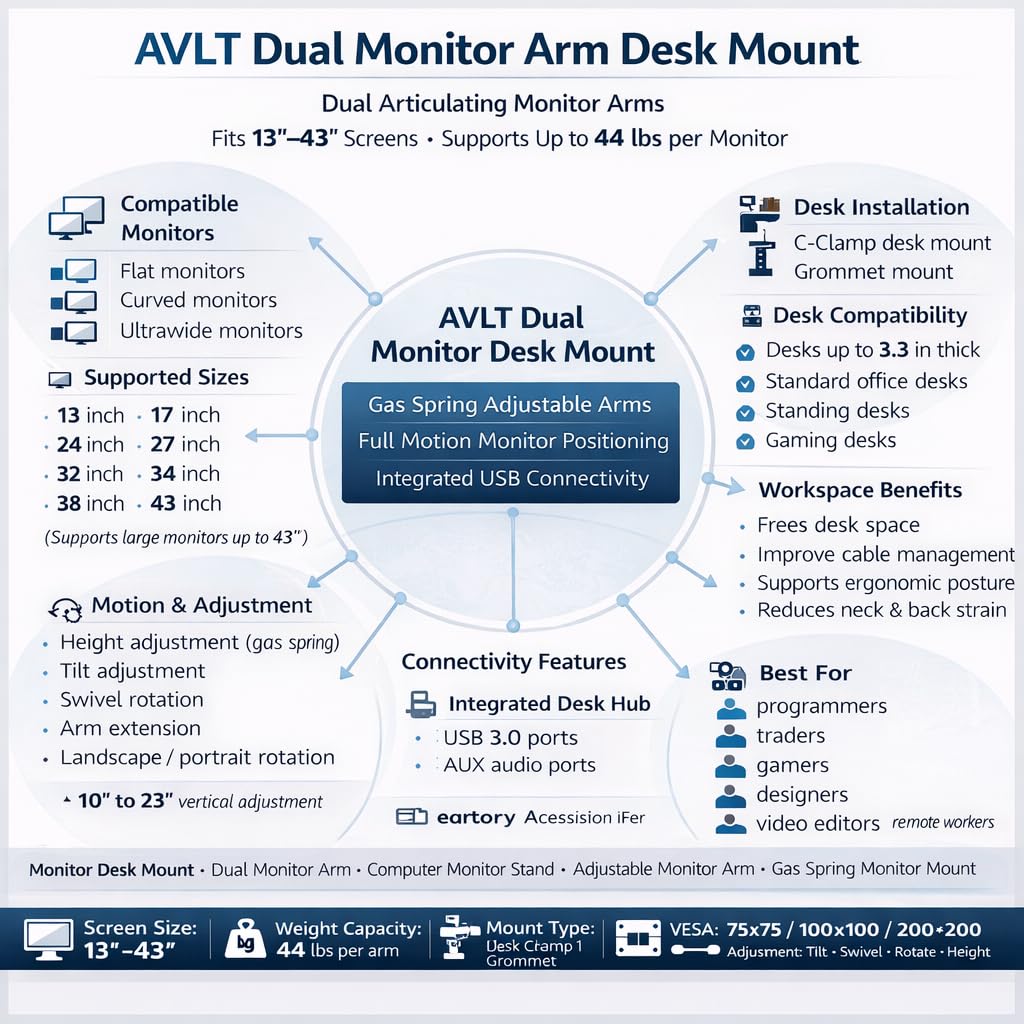 AVLT Dual Monitor Arm Desk Mount for 13"–43" Flat/Curved Screens with USB-A Pass-Through, Full Motion Height Adjustable Swivel Tilt Rotation VESA/C-Clamp/Grommet/Cable Management