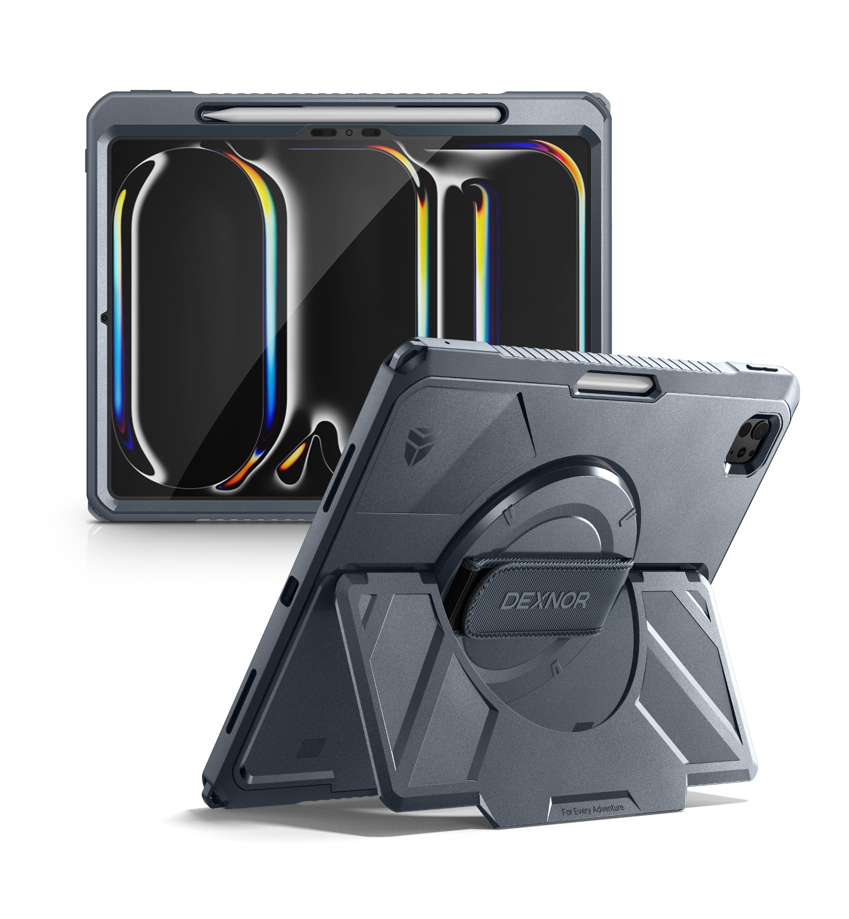 Dexnor for iPad 11th&9th&MINI 7 Cases, Rugged Protective Case with 360° Rotating Hand Strap & Large Steady Stand & Screen Protector & Pencil Holder Shockproof Full-Body Bumper Cover