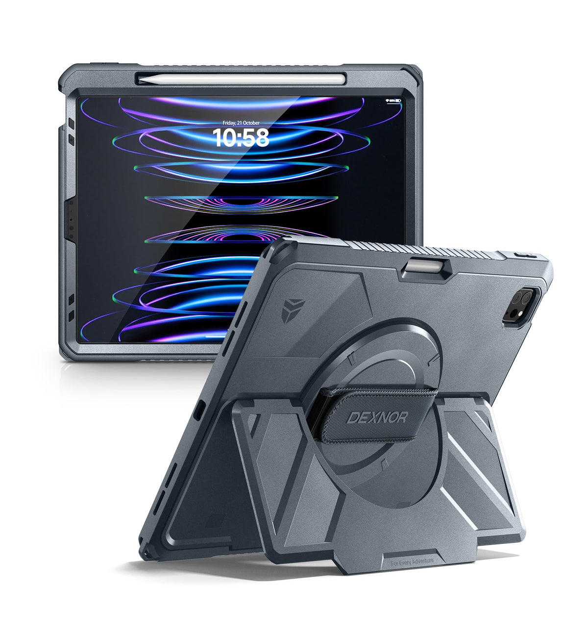 Dexnor for iPad 11th&9th&MINI 7 Cases, Rugged Protective Case with 360° Rotating Hand Strap & Large Steady Stand & Screen Protector & Pencil Holder Shockproof Full-Body Bumper Cover
