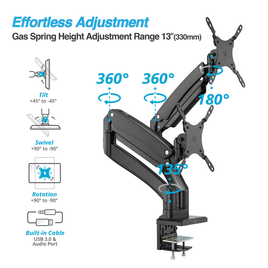 AVLT Dual Monitor Arm Desk Mount for 13"–43" Flat/Curved Screens with USB-A Pass-Through, Full Motion Height Adjustable Swivel Tilt Rotation VESA/C-Clamp/Grommet/Cable Management