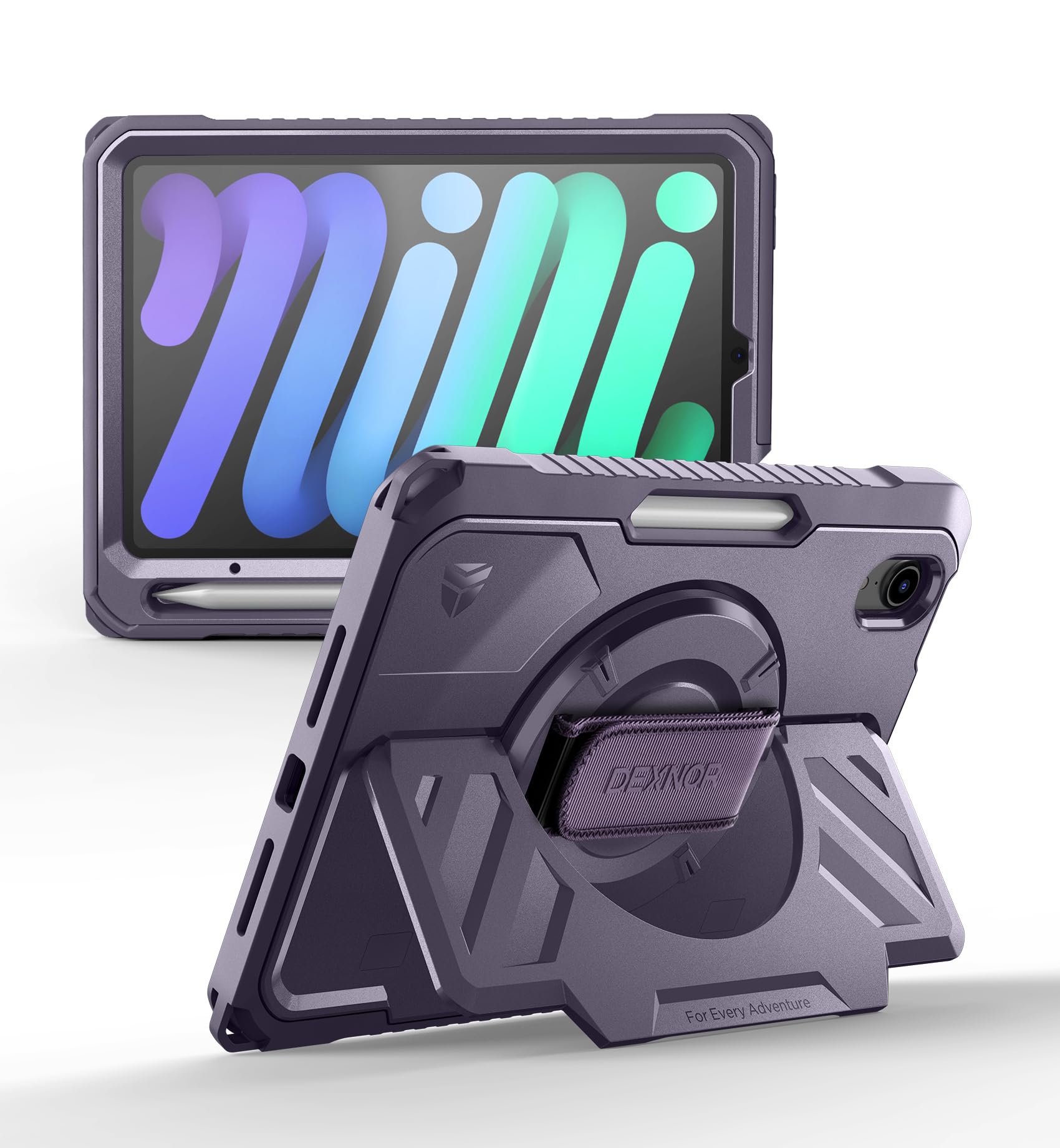 Dexnor for iPad 11th&9th&MINI 7 Cases, Rugged Protective Case with 360° Rotating Hand Strap & Large Steady Stand & Screen Protector & Pencil Holder Shockproof Full-Body Bumper Cover