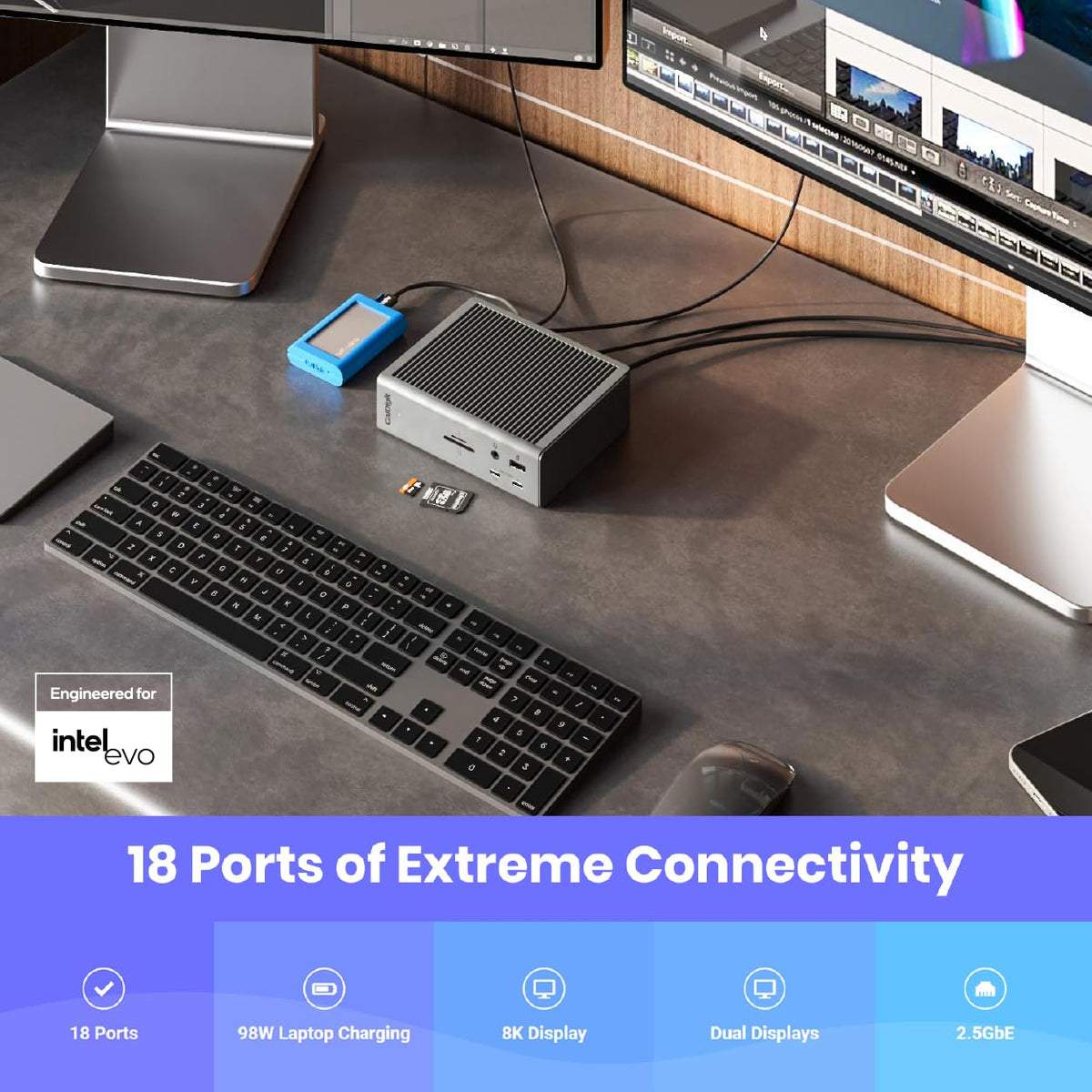 CalDigit TS4 18 Port Thunderbolt 4 Dock, 98W Charging, 3X TBT4 (40Gb/s), 3X USB-C + 5X USB-A (10Gb/s), 2.5GbE LAN, 8K@30Hz or 2X 6K@60Hz Displays, Mac/Windows/Chrome, Space Gray, 0.8m Certified Cable