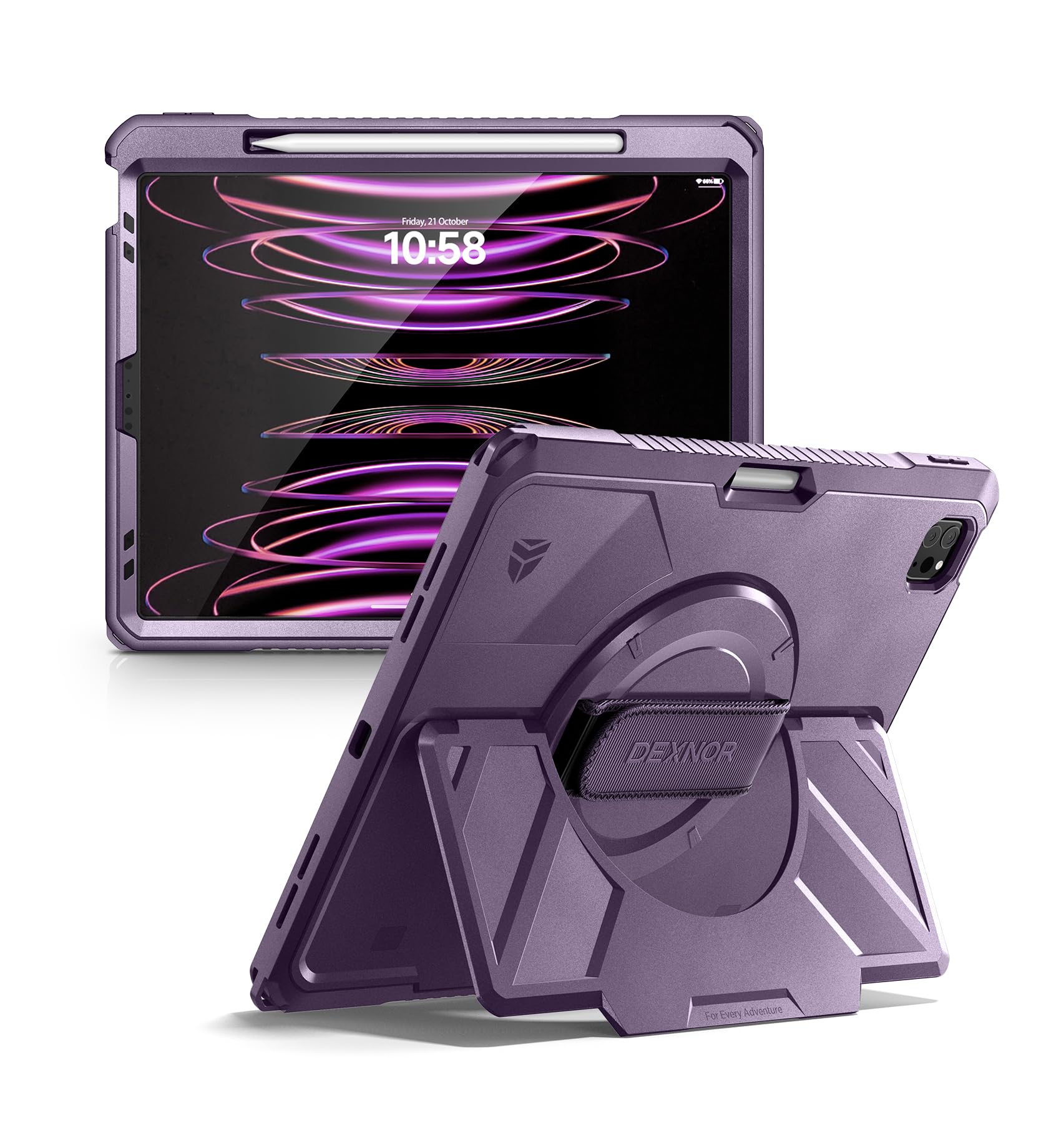 Dexnor for iPad 11th&9th&MINI 7 Cases, Rugged Protective Case with 360° Rotating Hand Strap & Large Steady Stand & Screen Protector & Pencil Holder Shockproof Full-Body Bumper Cover