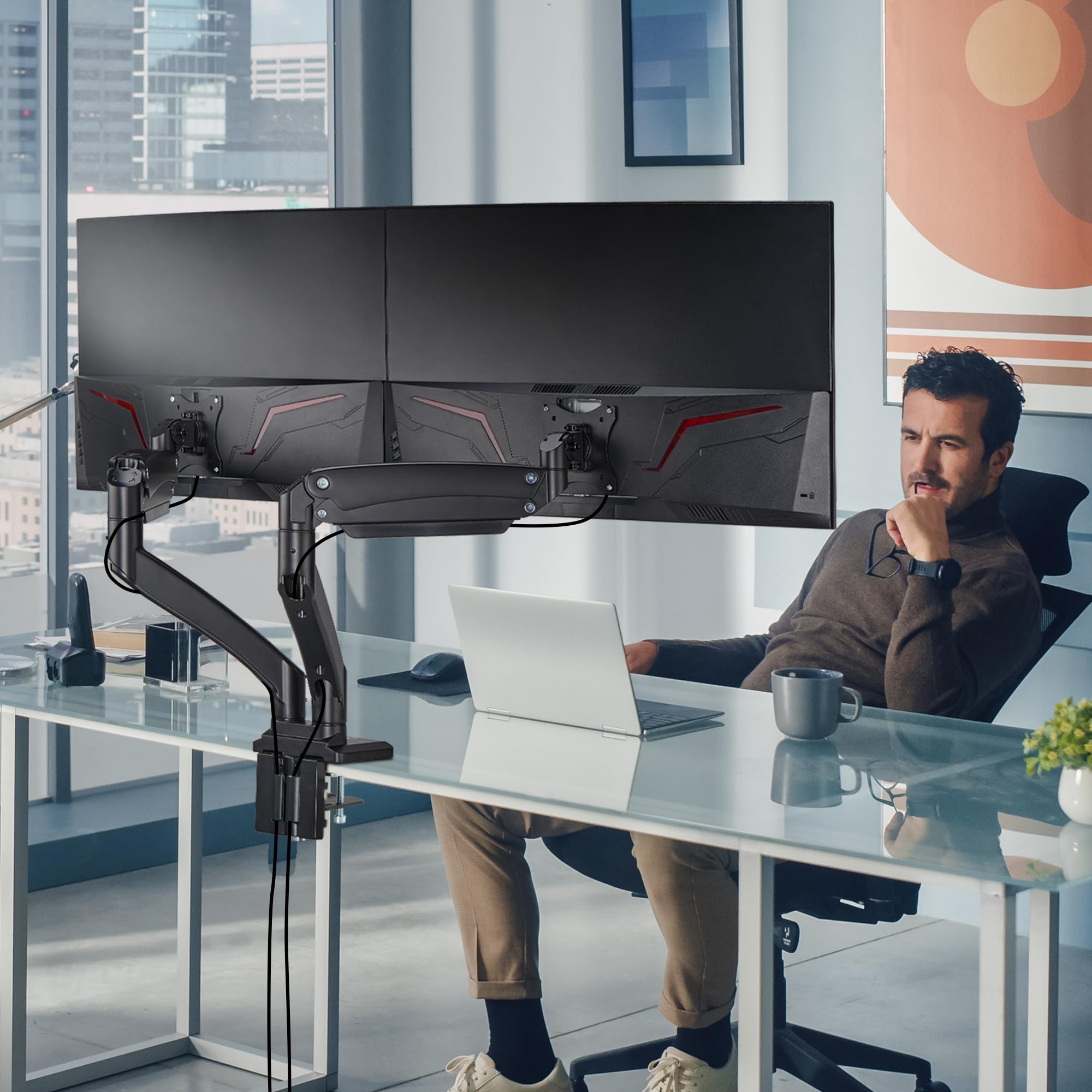 AVLT Dual Monitor Arm Desk Mount for 13"–43" Flat/Curved Screens with USB-A Pass-Through, Full Motion Height Adjustable Swivel Tilt Rotation VESA/C-Clamp/Grommet/Cable Management