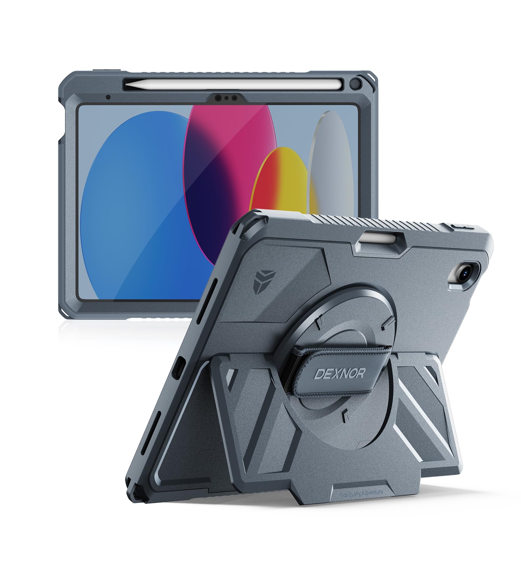 Dexnor for iPad 11th&9th&MINI 7 Cases, Rugged Protective Case with 360° Rotating Hand Strap & Large Steady Stand & Screen Protector & Pencil Holder Shockproof Full-Body Bumper Cover