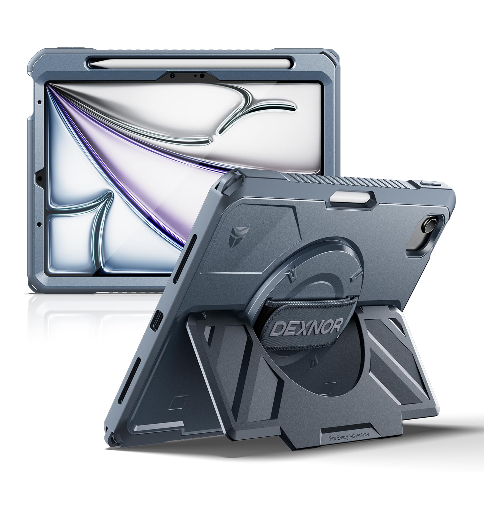 Dexnor for iPad 11th&9th&MINI 7 Cases, Rugged Protective Case with 360° Rotating Hand Strap & Large Steady Stand & Screen Protector & Pencil Holder Shockproof Full-Body Bumper Cover