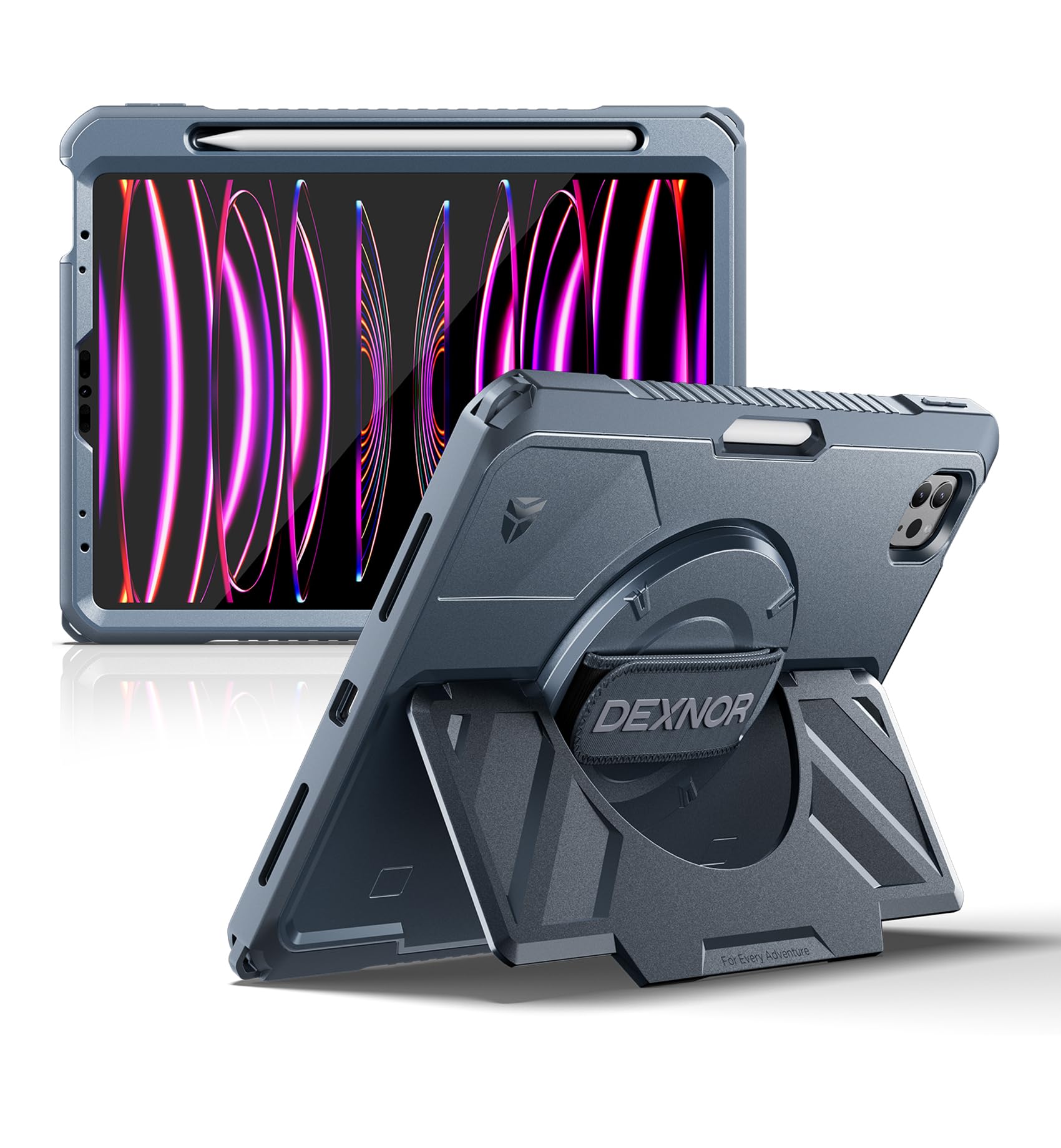 Dexnor for iPad 11th&9th&MINI 7 Cases, Rugged Protective Case with 360° Rotating Hand Strap & Large Steady Stand & Screen Protector & Pencil Holder Shockproof Full-Body Bumper Cover