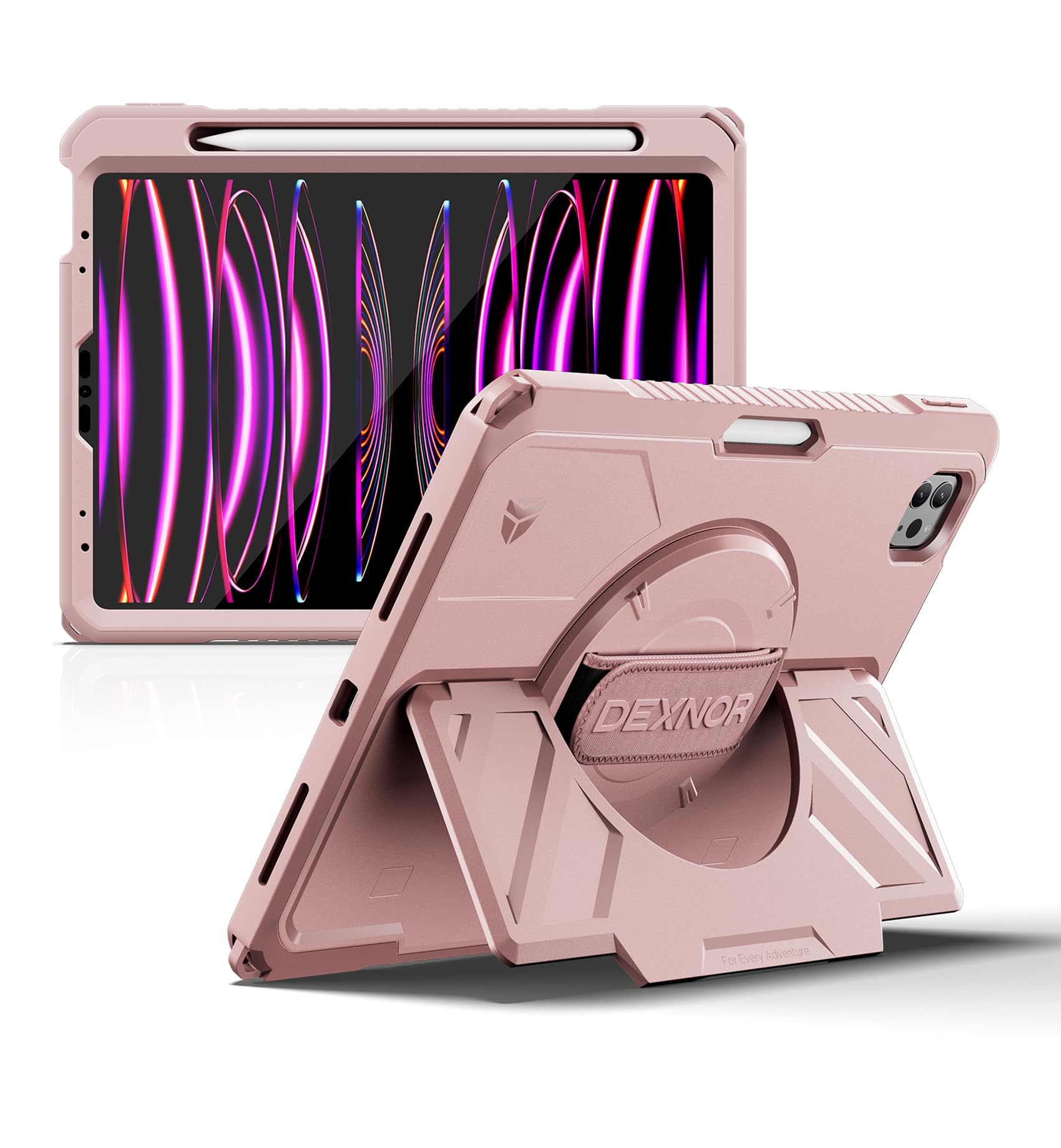 Dexnor for iPad 11th&9th&MINI 7 Cases, Rugged Protective Case with 360° Rotating Hand Strap & Large Steady Stand & Screen Protector & Pencil Holder Shockproof Full-Body Bumper Cover
