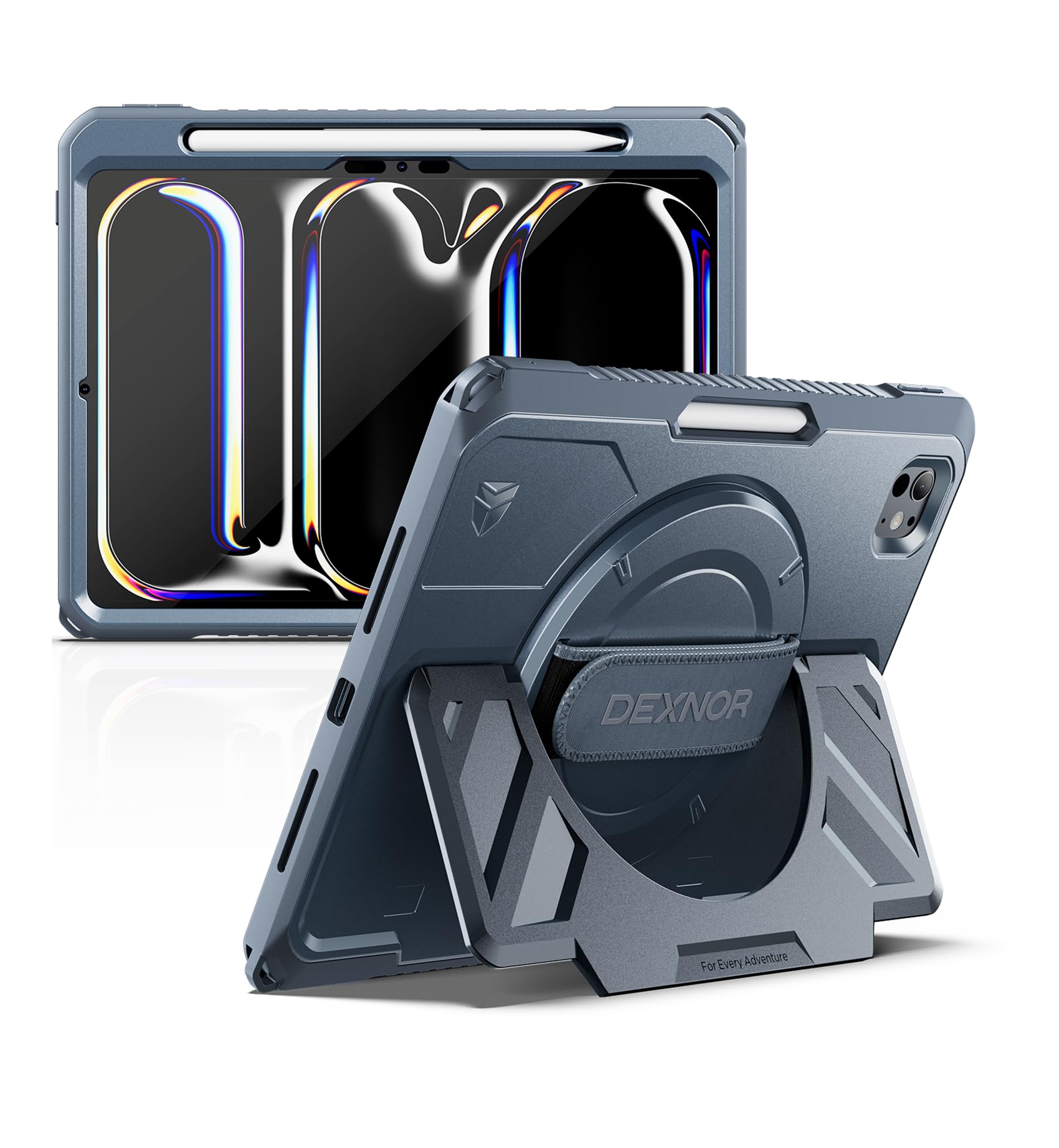 Dexnor for iPad 11th&9th&MINI 7 Cases, Rugged Protective Case with 360° Rotating Hand Strap & Large Steady Stand & Screen Protector & Pencil Holder Shockproof Full-Body Bumper Cover