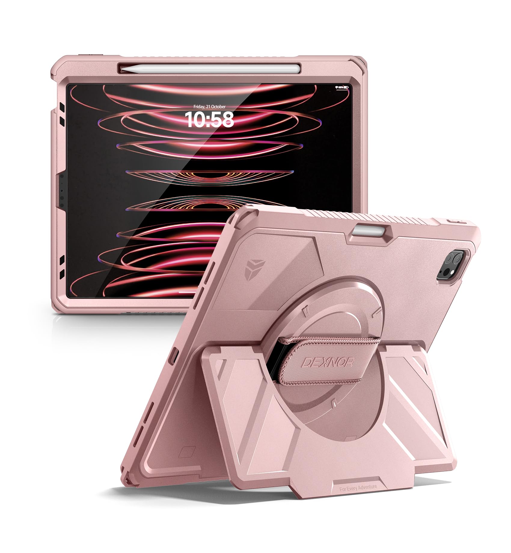 Dexnor for iPad 11th&9th&MINI 7 Cases, Rugged Protective Case with 360° Rotating Hand Strap & Large Steady Stand & Screen Protector & Pencil Holder Shockproof Full-Body Bumper Cover