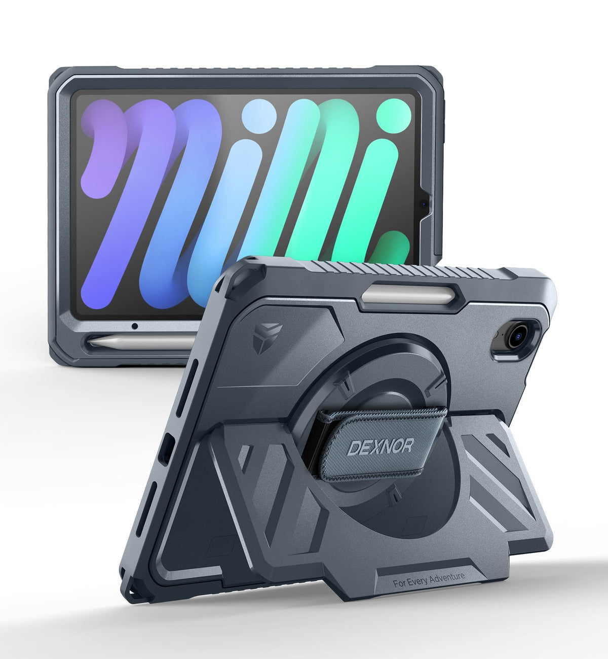 Dexnor for iPad 11th&9th&MINI 7 Cases, Rugged Protective Case with 360° Rotating Hand Strap & Large Steady Stand & Screen Protector & Pencil Holder Shockproof Full-Body Bumper Cover
