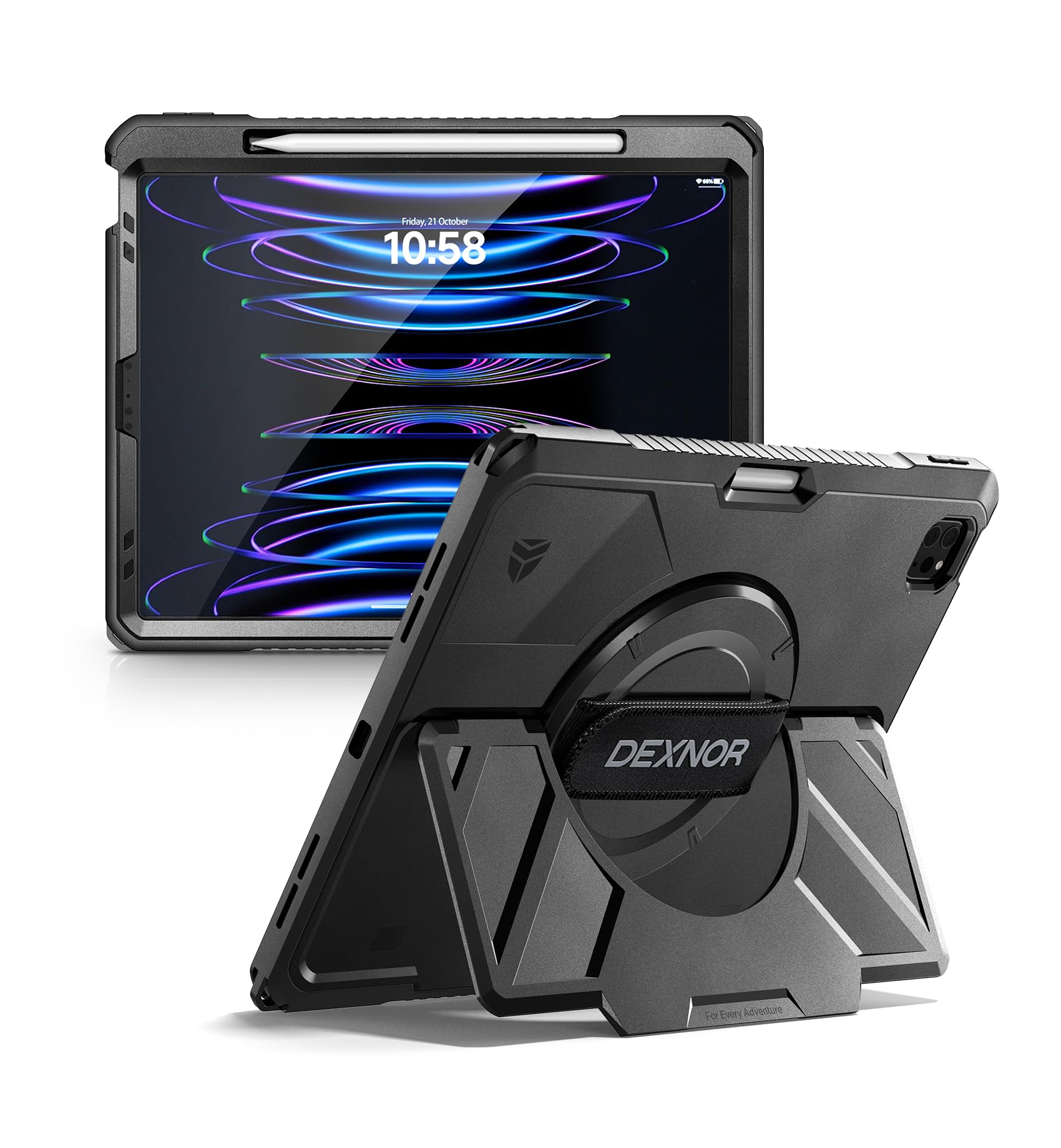 Dexnor for iPad 11th&9th&MINI 7 Cases, Rugged Protective Case with 360° Rotating Hand Strap & Large Steady Stand & Screen Protector & Pencil Holder Shockproof Full-Body Bumper Cover