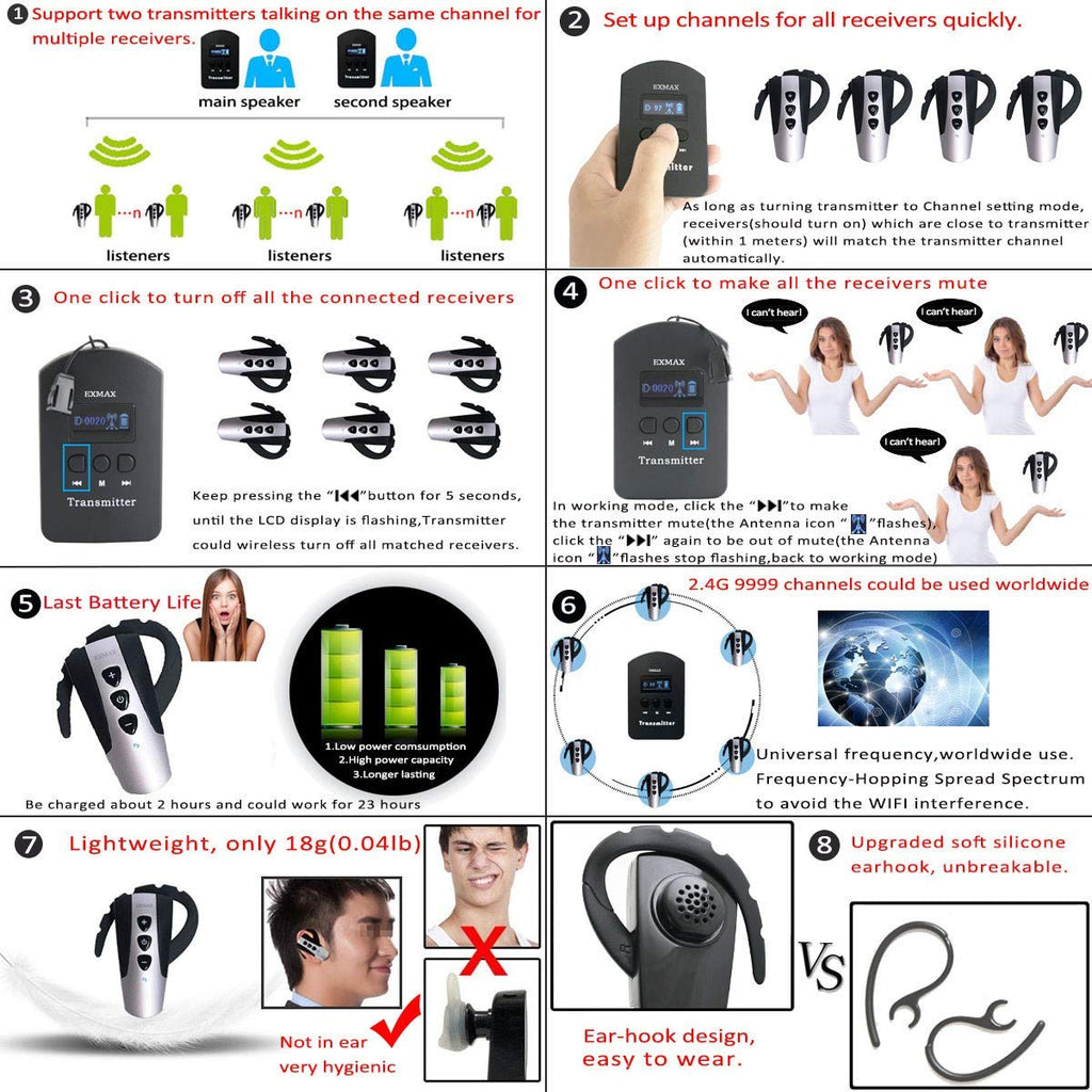EXMAX 2.4GHz Wireless Audio Tour Guide System with Headset Mic Ear-Hook Bluetooth Receiver for Church,Teaching,Translation,Conference,Seminars,Hajj,Auditorium,Travel(2 Transmitters 200 Receivers)