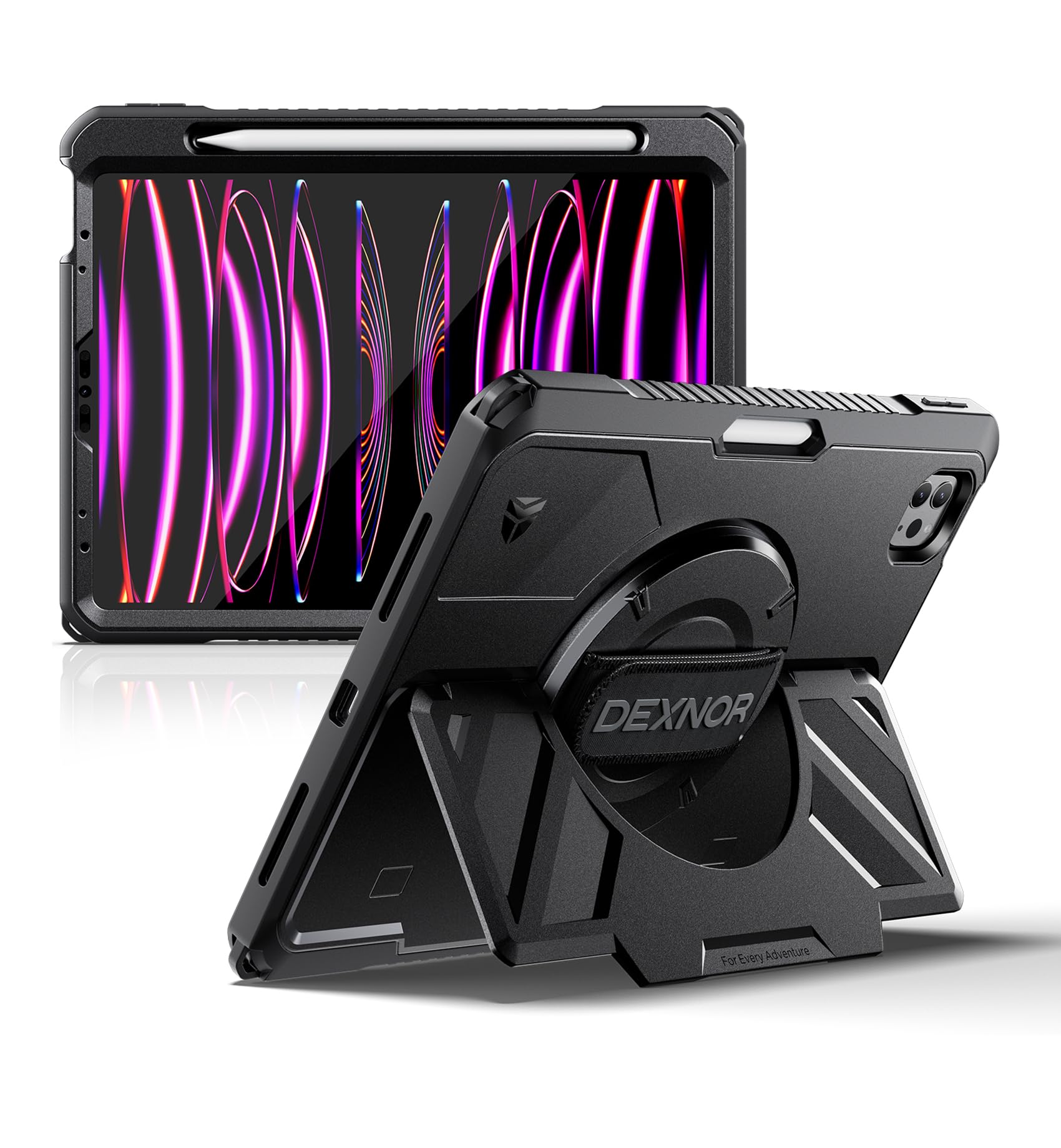 Dexnor for iPad 11th&9th&MINI 7 Cases, Rugged Protective Case with 360° Rotating Hand Strap & Large Steady Stand & Screen Protector & Pencil Holder Shockproof Full-Body Bumper Cover