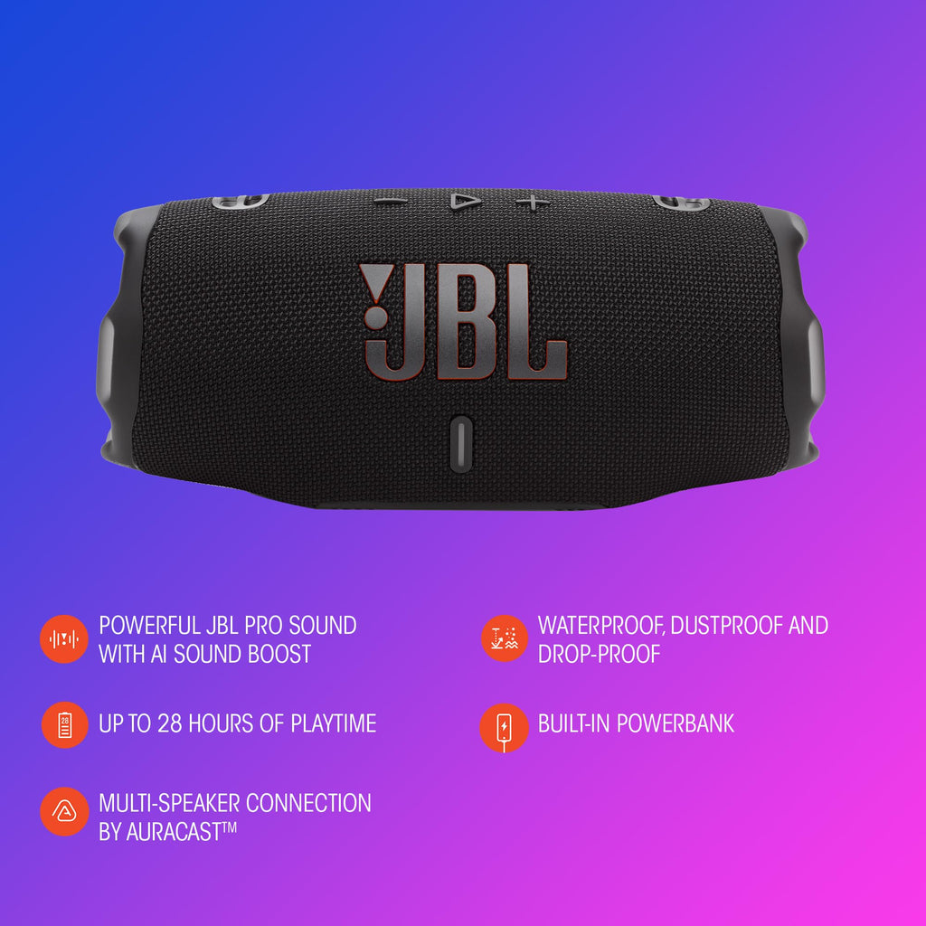 JBL Charge 6 - Portable Waterproof & Drop-Proof Bluetooth Speaker, Bold JBL Pro Sound with AI Sound Boost, 28Hrs of Playtime, Built-in powerbank & Comes with a Sturdy/Removable Carrying Strap (Black)