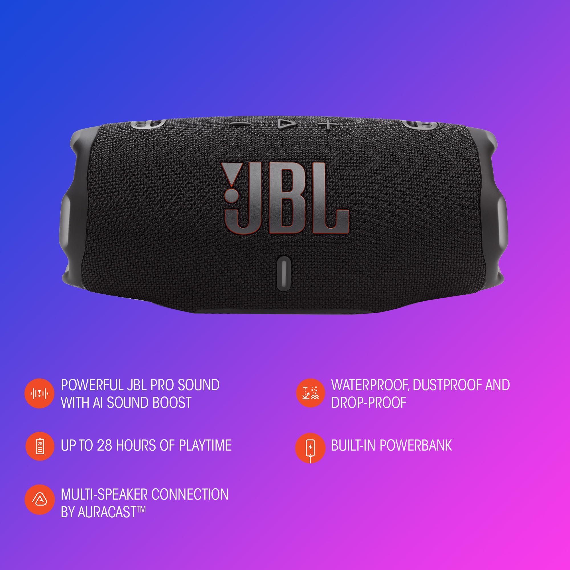 JBL Charge 6 - Portable Waterproof & Drop-Proof Bluetooth Speaker, Bold JBL Pro Sound with AI Sound Boost, 28Hrs of Playtime, Built-in powerbank & Comes with a Sturdy/Removable Carrying Strap (Black)