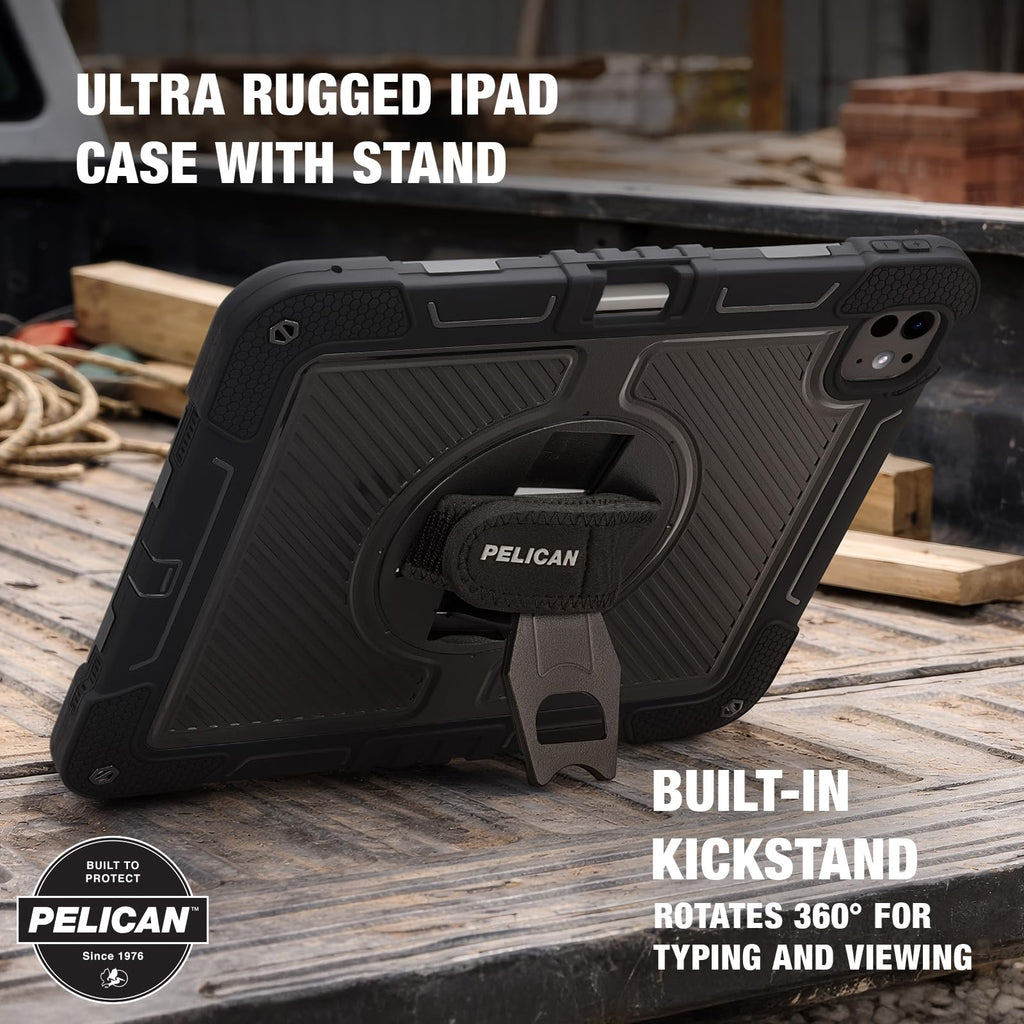 Pelican Voyager iPad Pro Case - Ultra Rugged iPad Pro Case with Pencil Holder & 360° Stand - Military-Grade Drop Protection - Adjustable Hand Strap & Two Lanyard Attach Points - Black