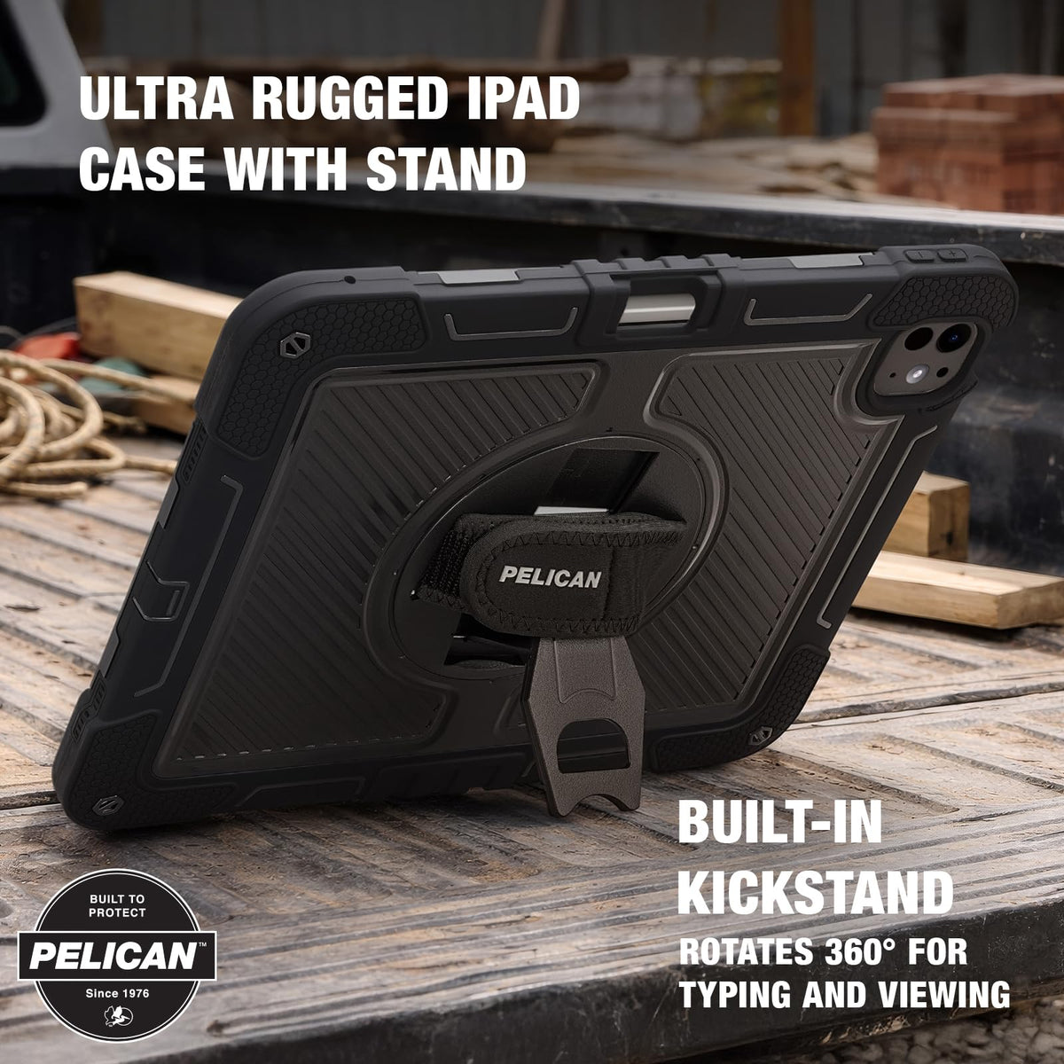 Pelican Voyager iPad Pro Case - Ultra Rugged iPad Pro Case with Pencil Holder & 360° Stand - Military-Grade Drop Protection - Adjustable Hand Strap & Two Lanyard Attach Points - Black