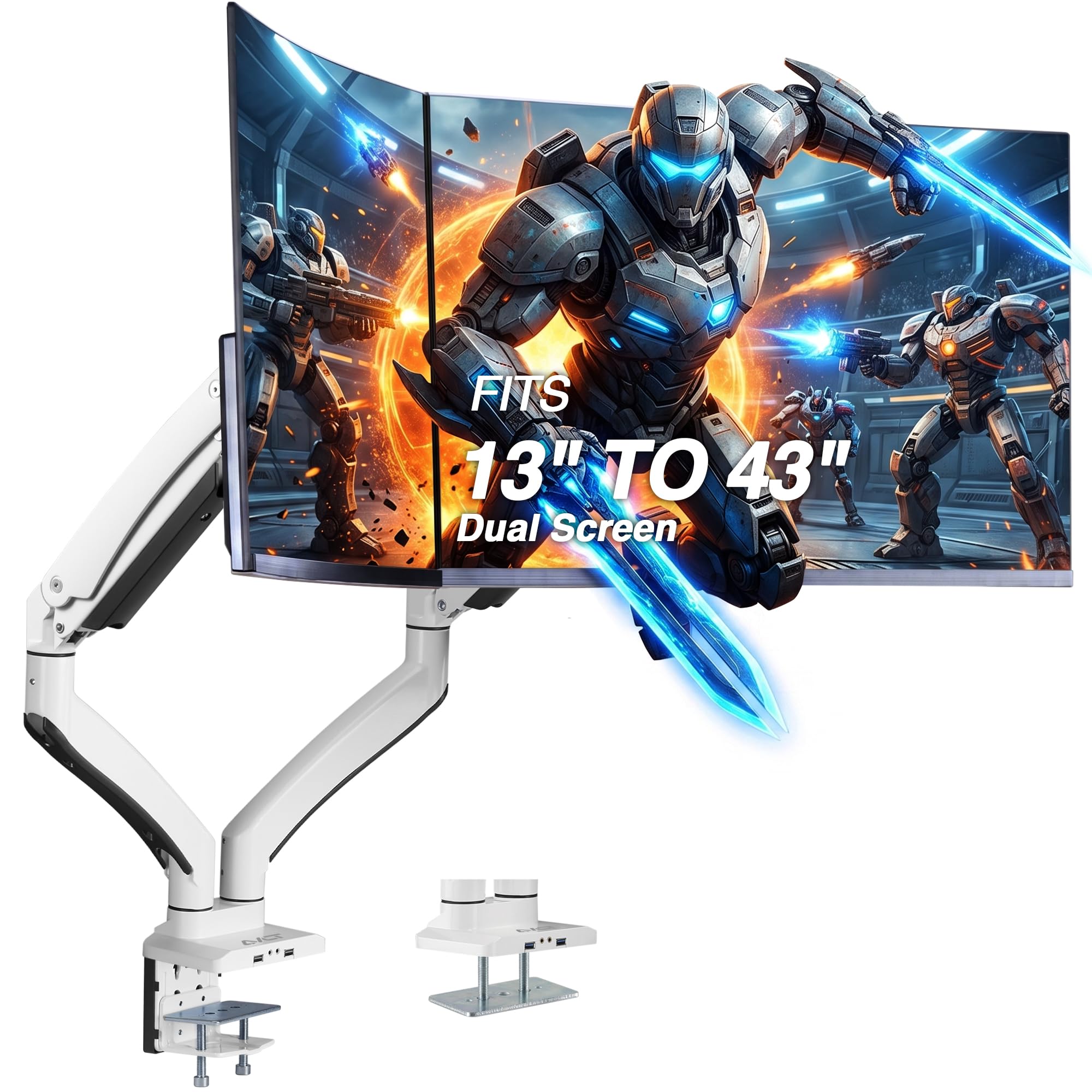 AVLT Dual Monitor Arm Desk Mount for 13"–43" Flat/Curved Screens with USB-A Pass-Through, Full Motion Height Adjustable Swivel Tilt Rotation VESA/C-Clamp/Grommet/Cable Management