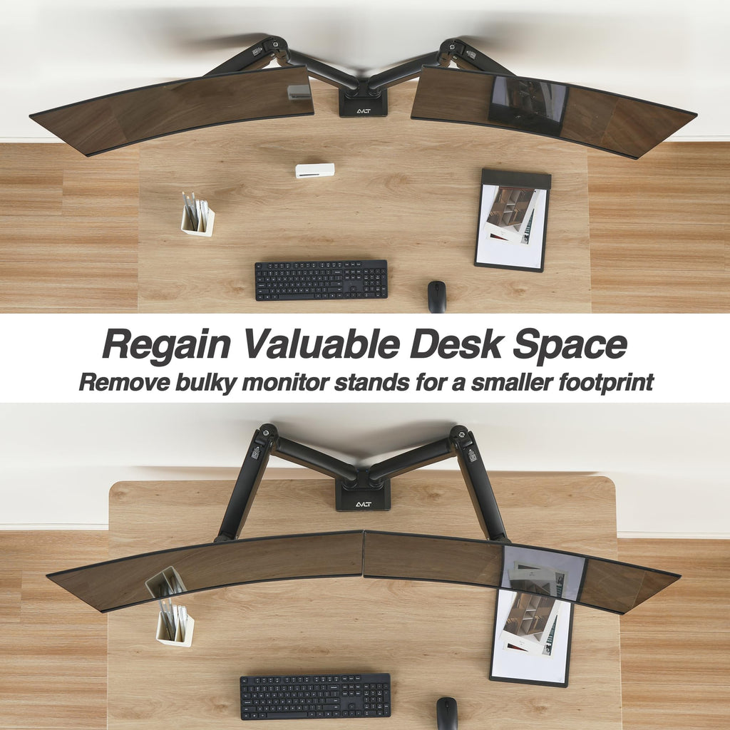 AVLT Dual Monitor Arm Desk Mount for 13"–43" Flat/Curved Screens with USB-A Pass-Through, Full Motion Height Adjustable Swivel Tilt Rotation VESA/C-Clamp/Grommet/Cable Management