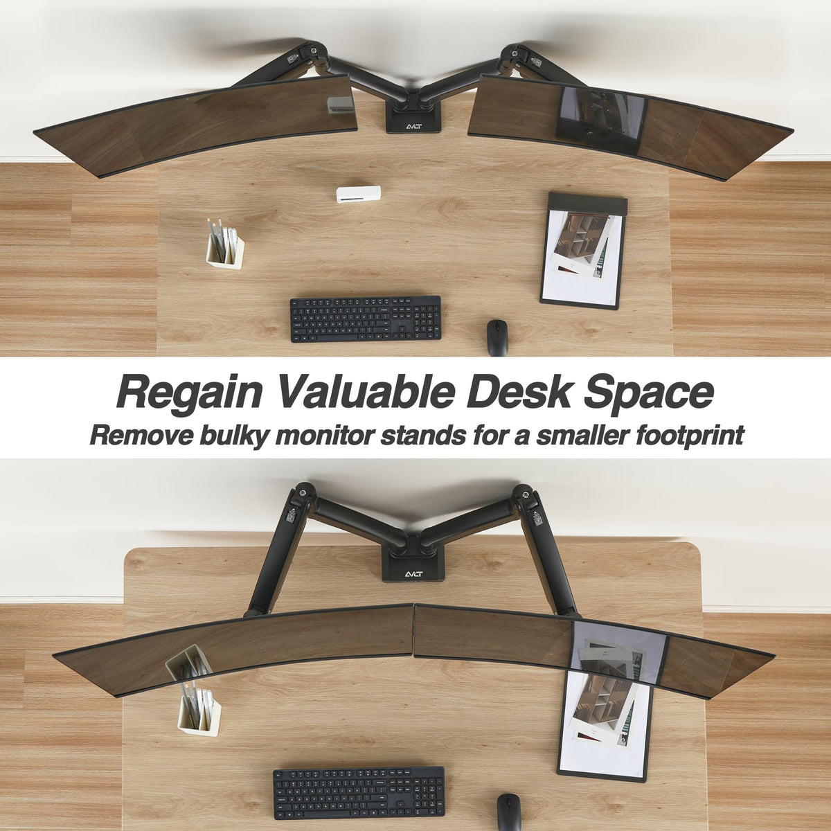 AVLT Dual Monitor Arm Desk Mount for 13"–43" Flat/Curved Screens with USB-A Pass-Through, Full Motion Height Adjustable Swivel Tilt Rotation VESA/C-Clamp/Grommet/Cable Management