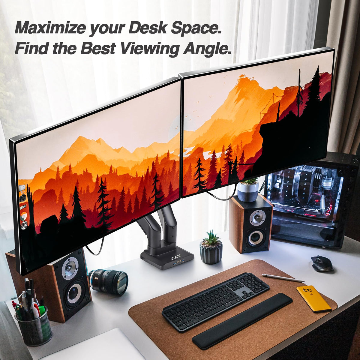 AVLT Dual Monitor Arm Desk Mount for 13"–43" Flat/Curved Screens with USB-A Pass-Through, Full Motion Height Adjustable Swivel Tilt Rotation VESA/C-Clamp/Grommet/Cable Management