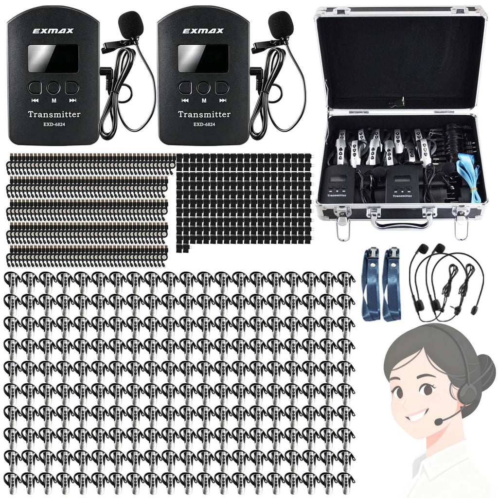 EXMAX 2.4GHz Wireless Audio Tour Guide System with Headset Mic Ear-Hook Bluetooth Receiver for Church,Teaching,Translation,Conference,Seminars,Hajj,Auditorium,Travel(2 Transmitters 200 Receivers)